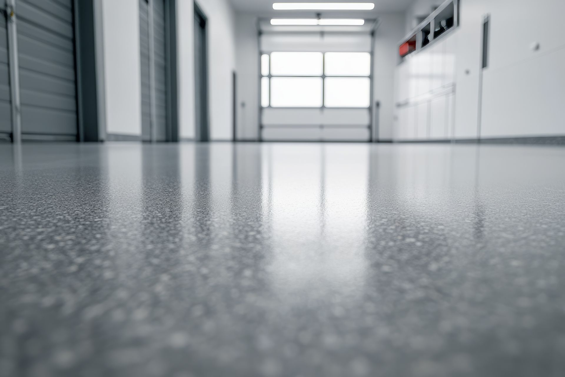 Sol en béton gris brillant reflétant un espace industriel lumineux aux murs blancs.