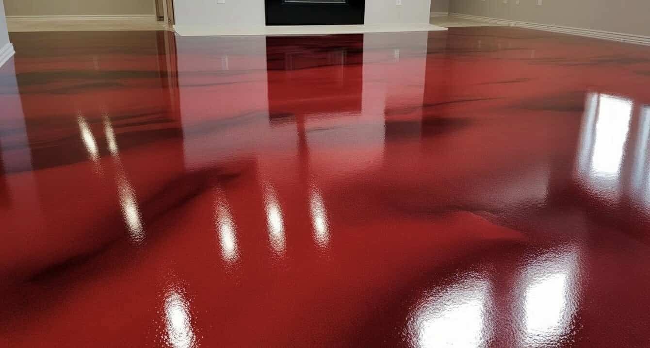 Sol époxy rouge brillant reflétant les fenêtres et une cheminée.