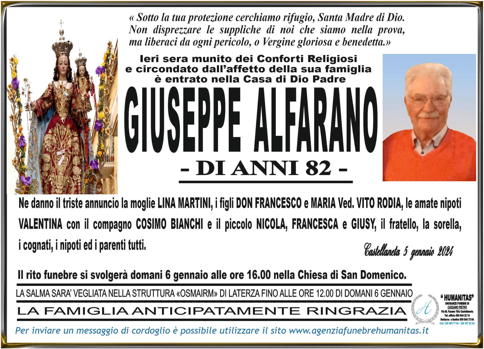 necrologio Giuseppe Alfarano
