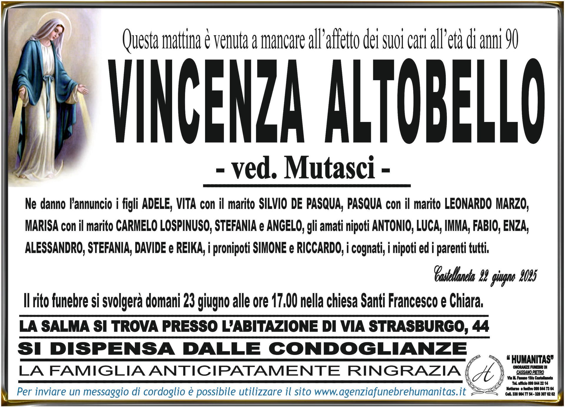 necrologio Vincenza Altobello