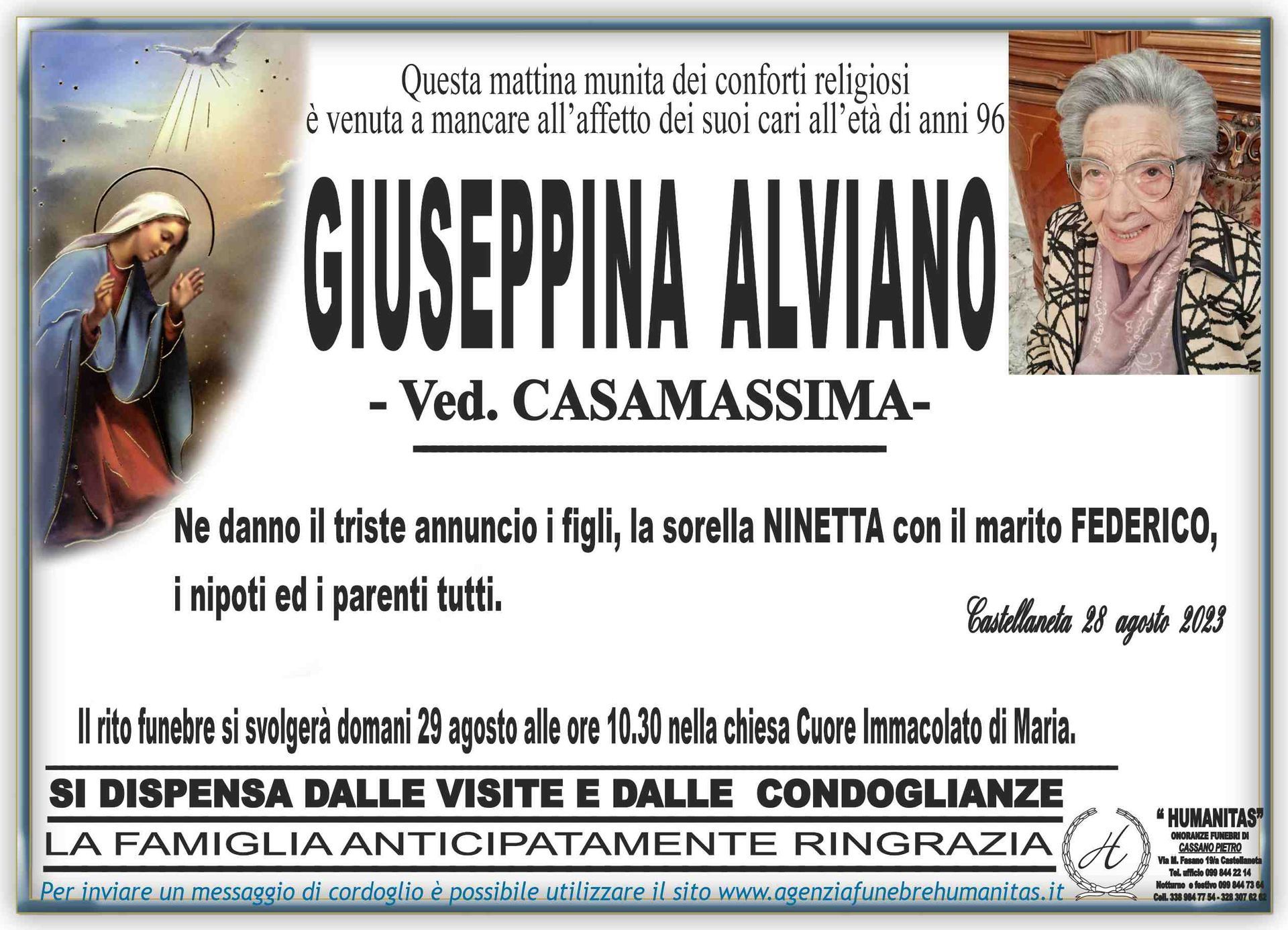 necrologio Giuseppina Alviano