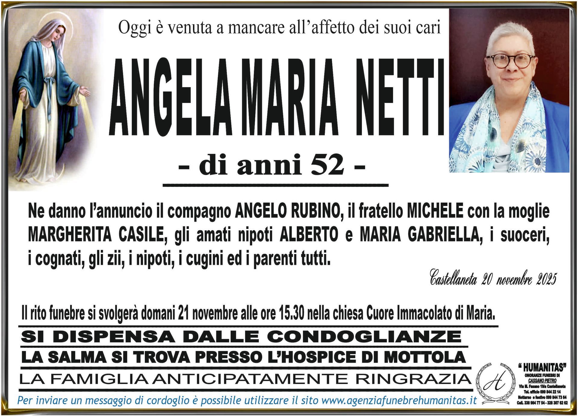 necrologio Angela Maria Netti