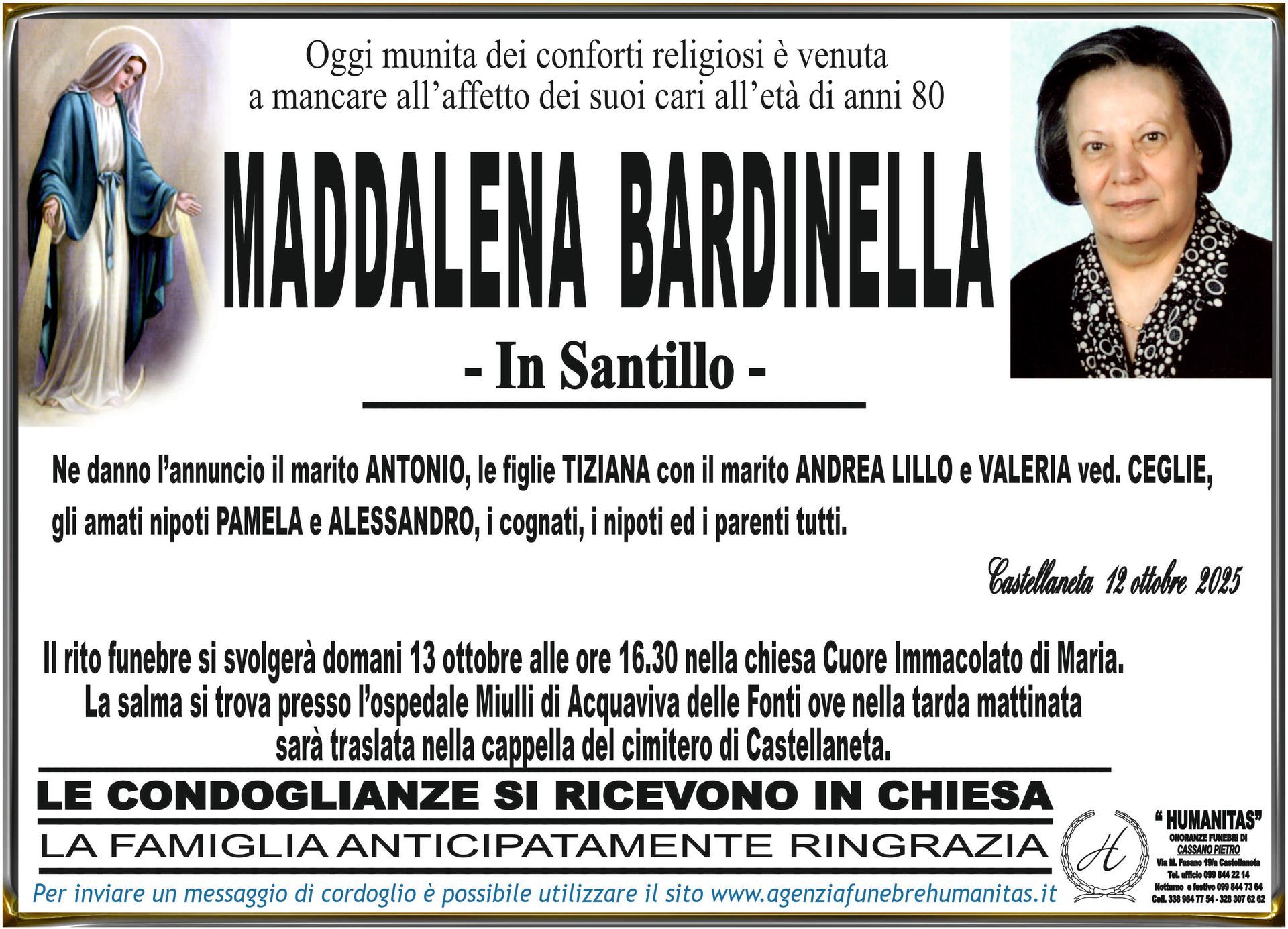 necrologio Maddalena Bardinella
