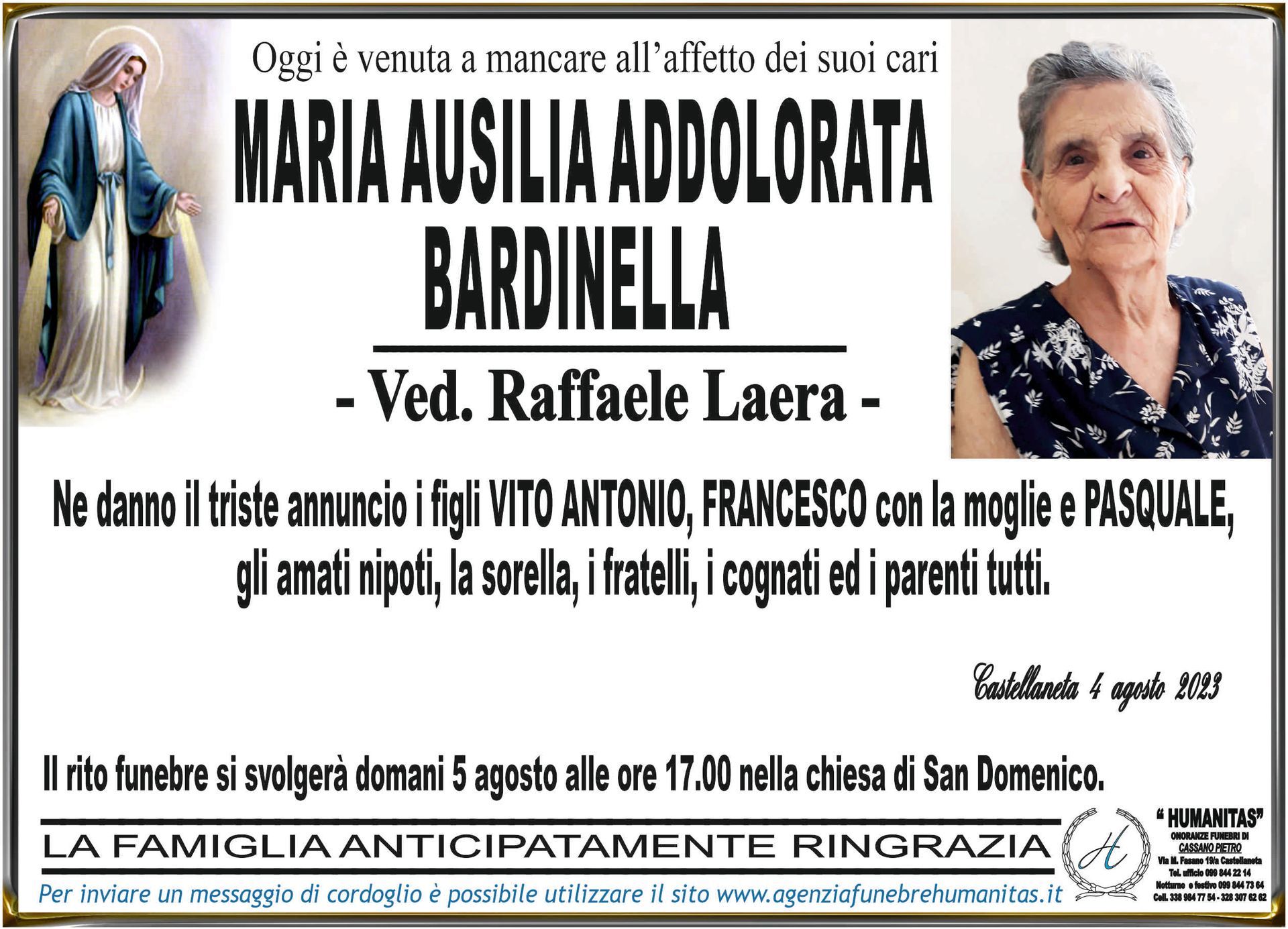 necrologio Maria Ausilia Addolorata Bardinella