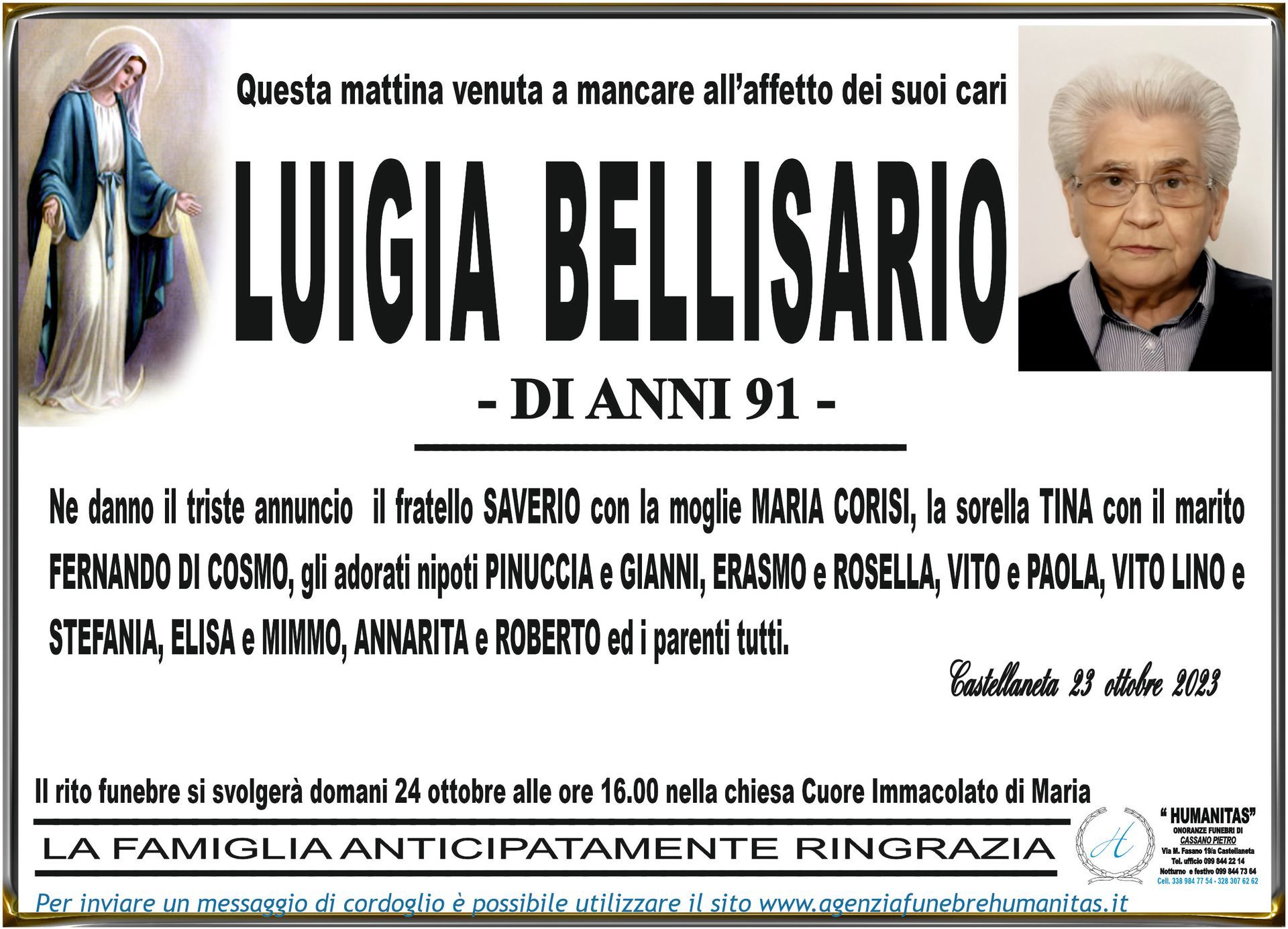 necrologio Luigia Bellisario
