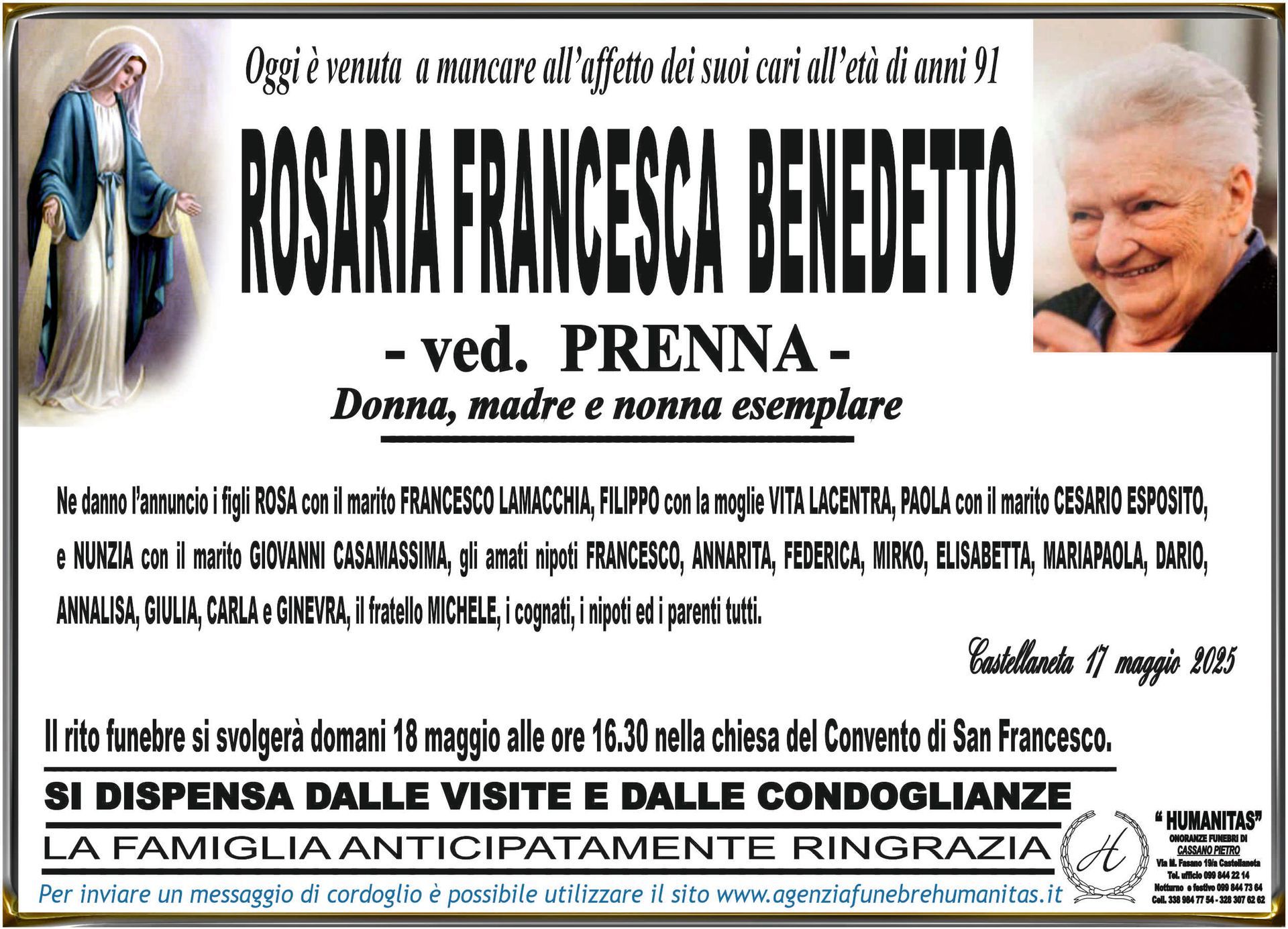 necrologio Rosaria Francesca Benedetto