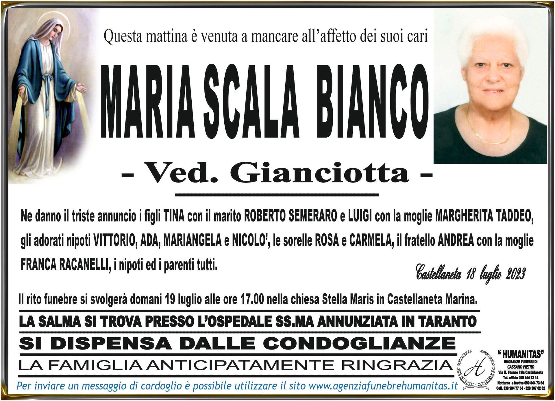 necrologio Maria Scala Bianco