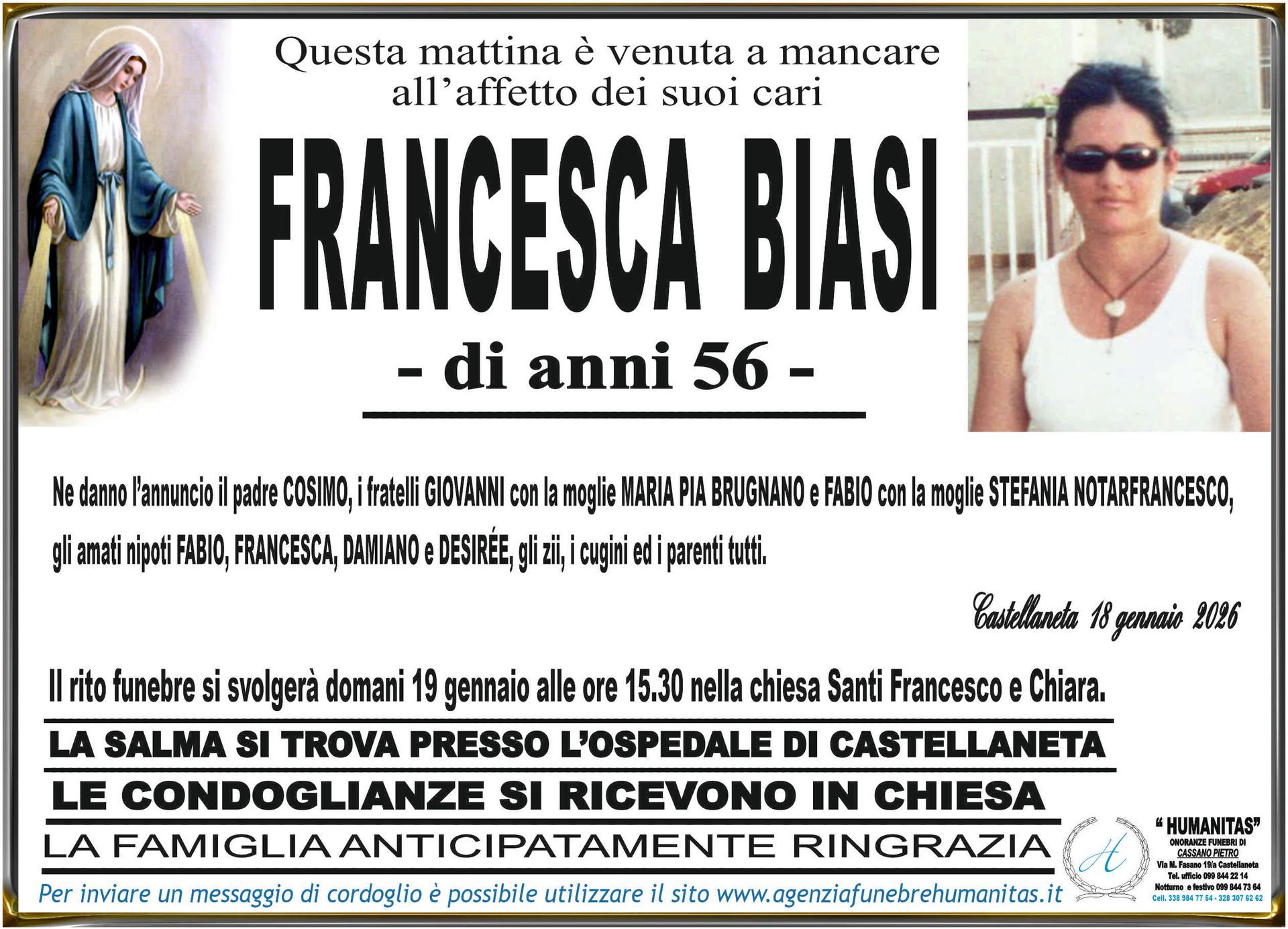necrologio Francesca Biasi