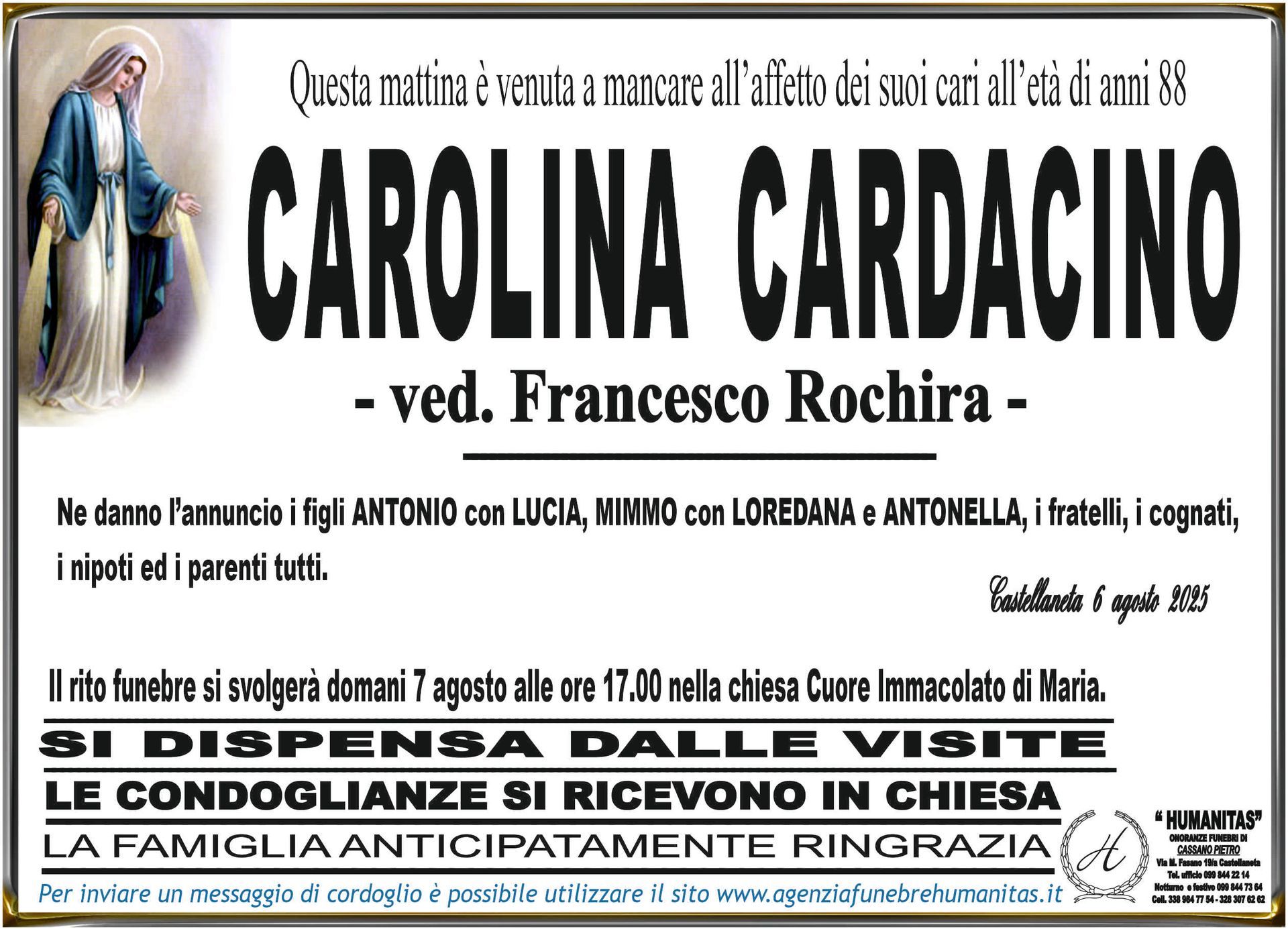 necrologio Carolina Cardacino