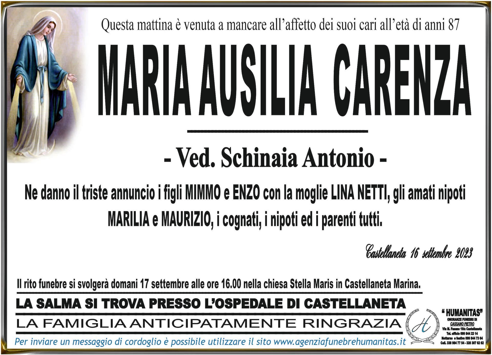 necrologio Maria Ausilia Carenza