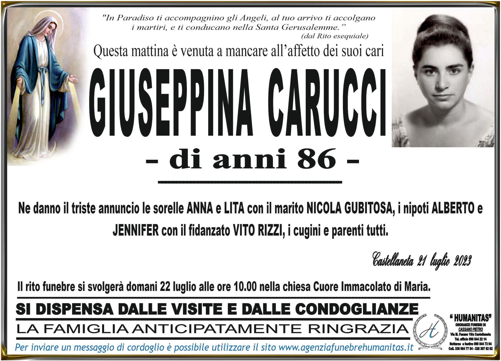 necrologio Giuseppina Carucci