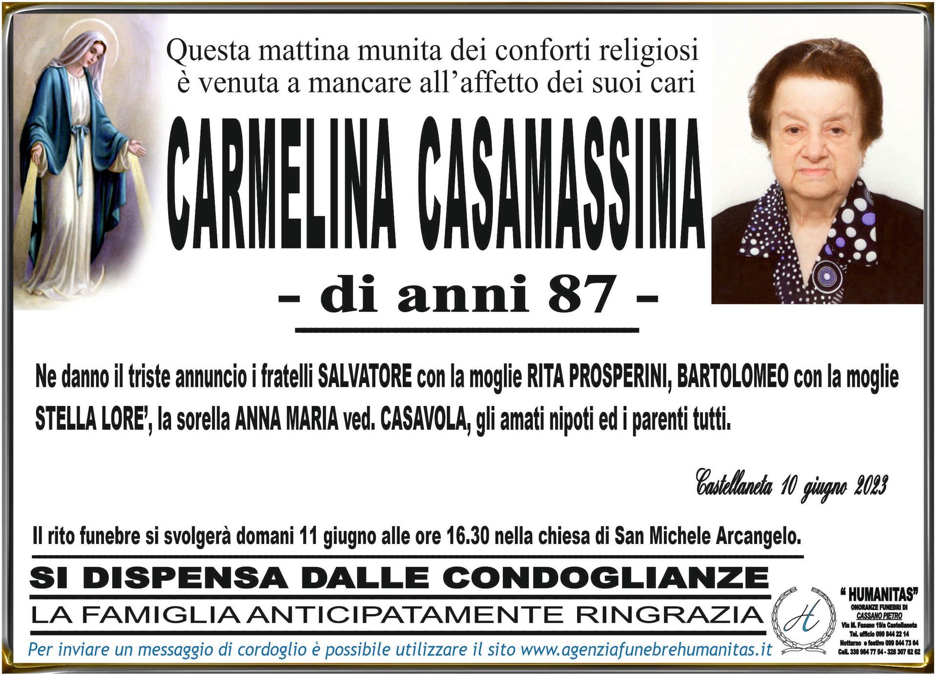necrologio Carmelina Casamassima