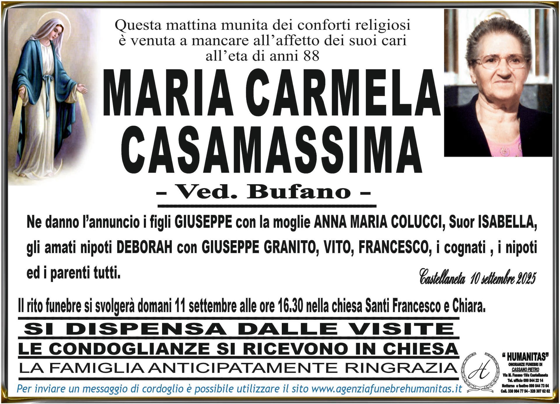 necrologio Maria Carmela Casamasima