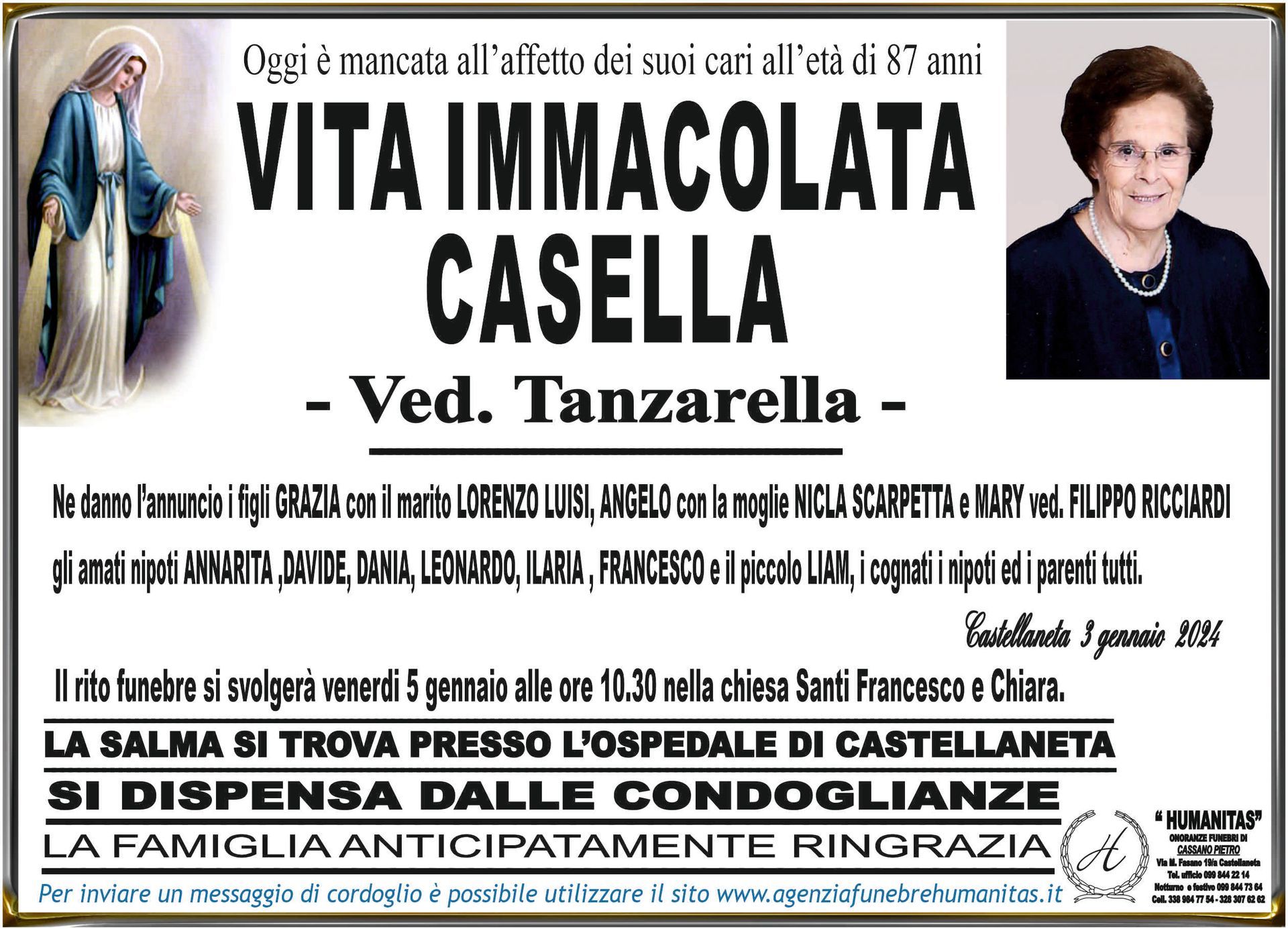 necrologio Vita Immacolata Casella