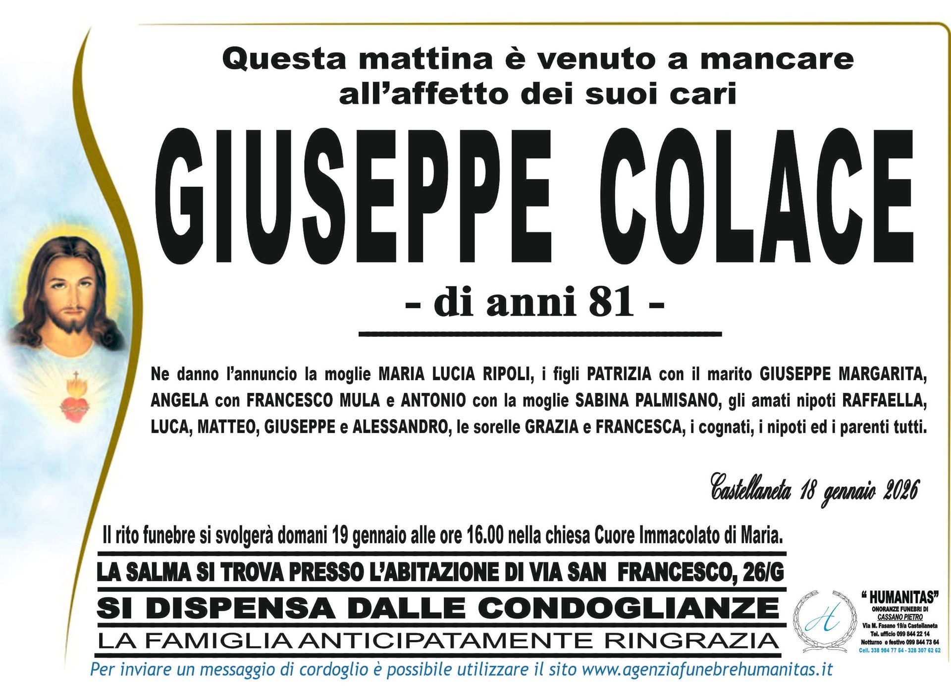 necrologio Giuseppe colace