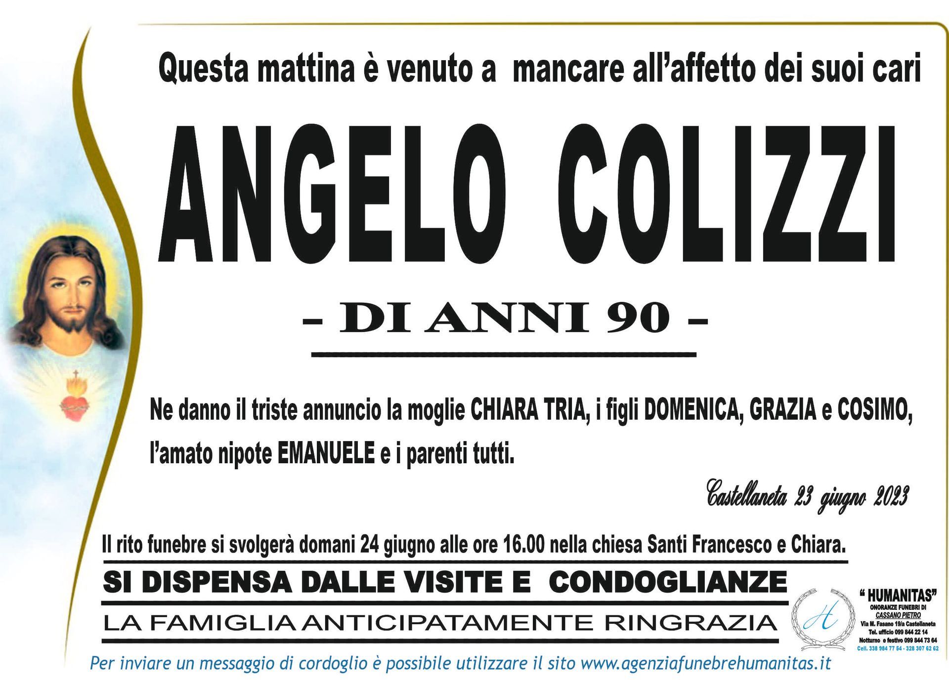 necrologio Angelo Colizzi 