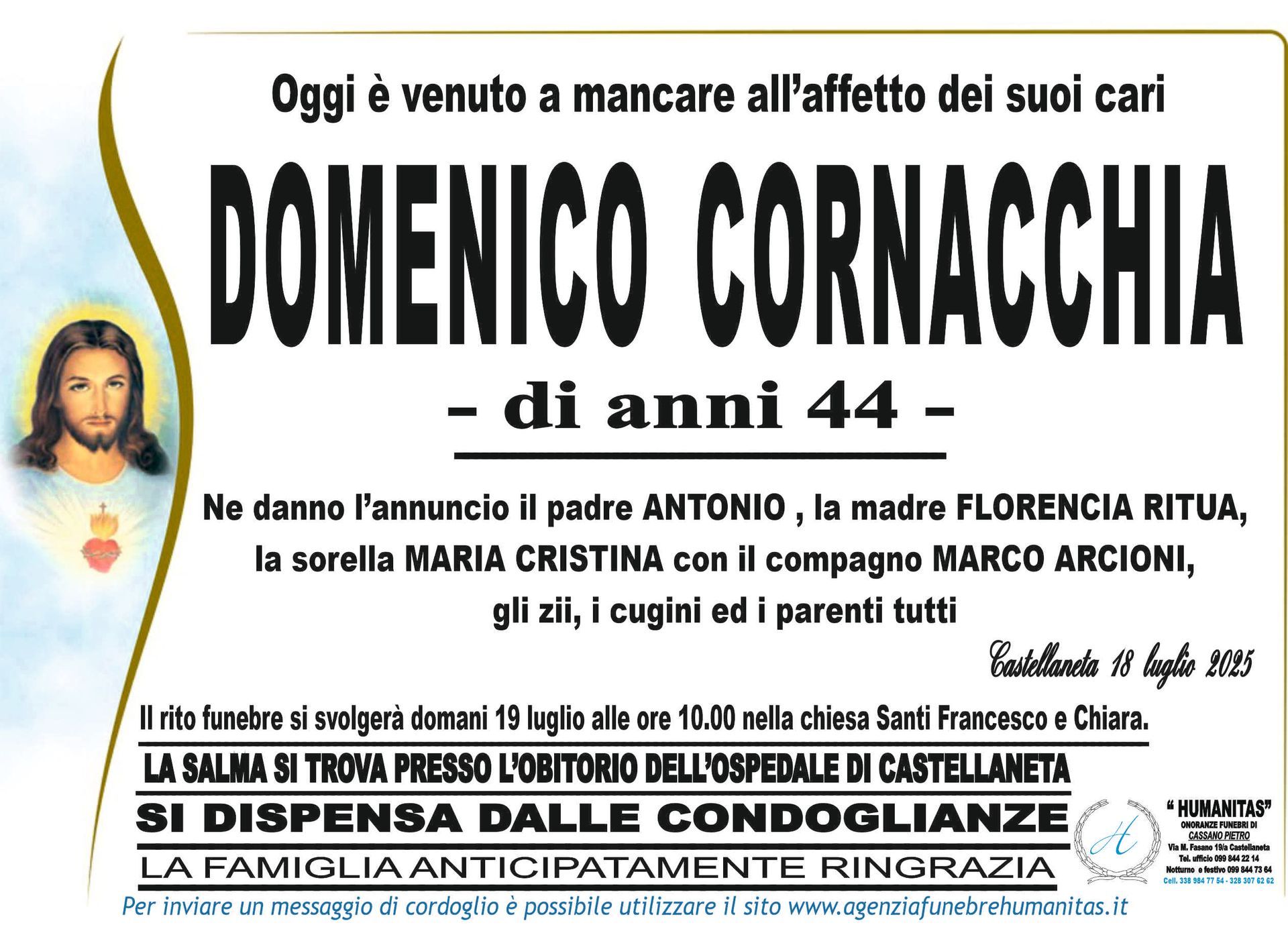 necrologio Domenico Cornacchia