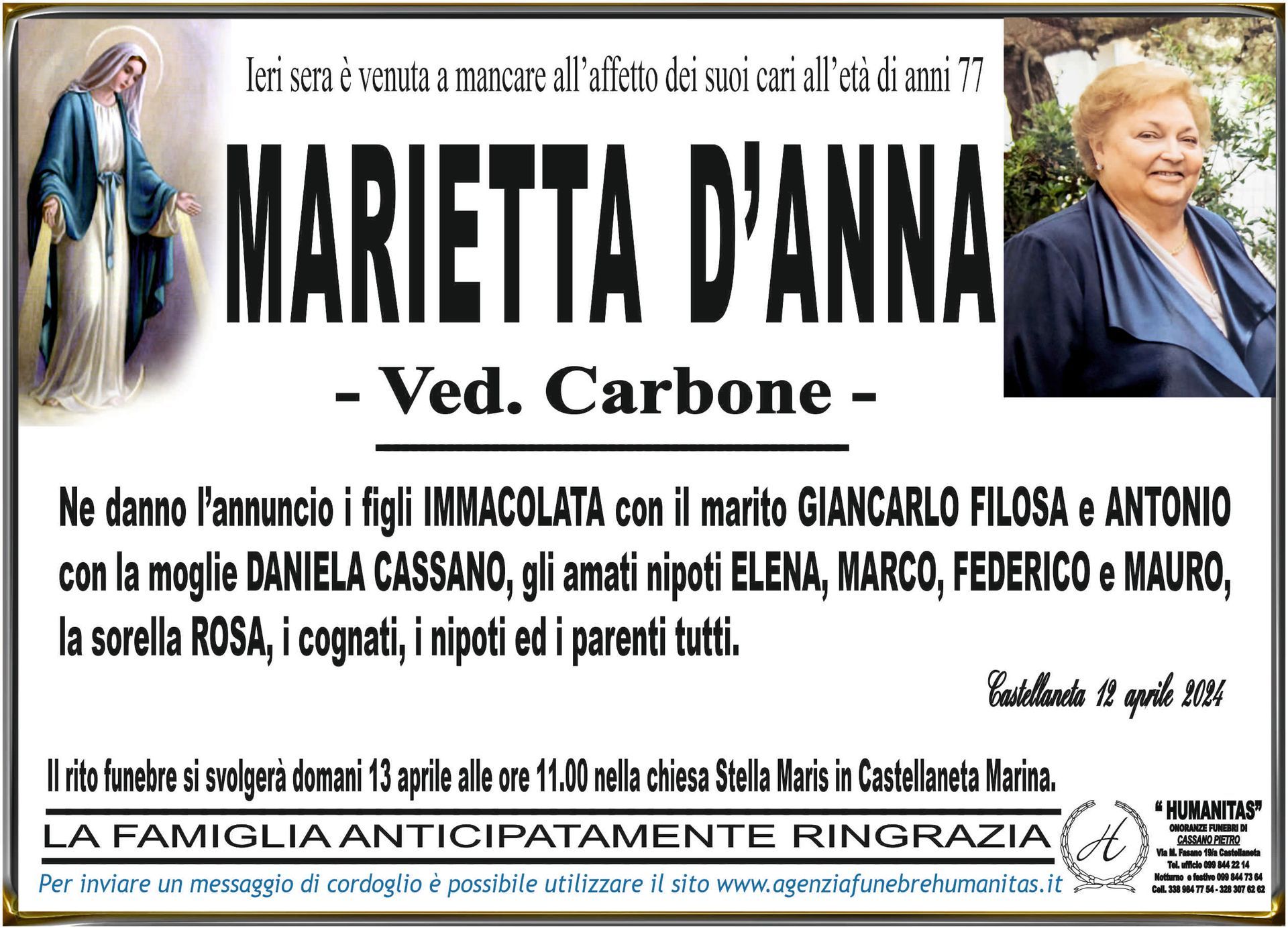 necrologio Marietta D'Anna