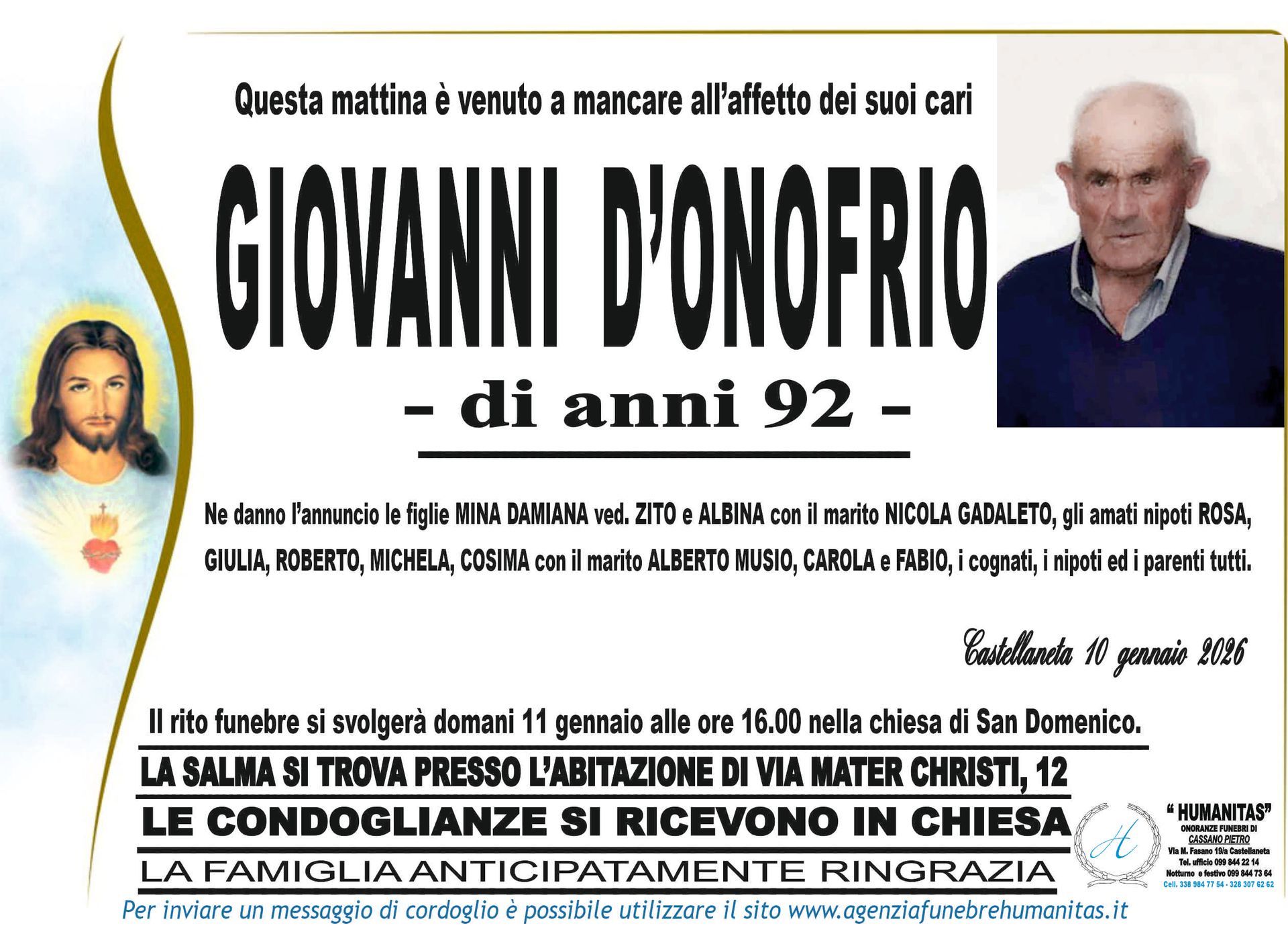 necrologio Giovanni D'Onofrio