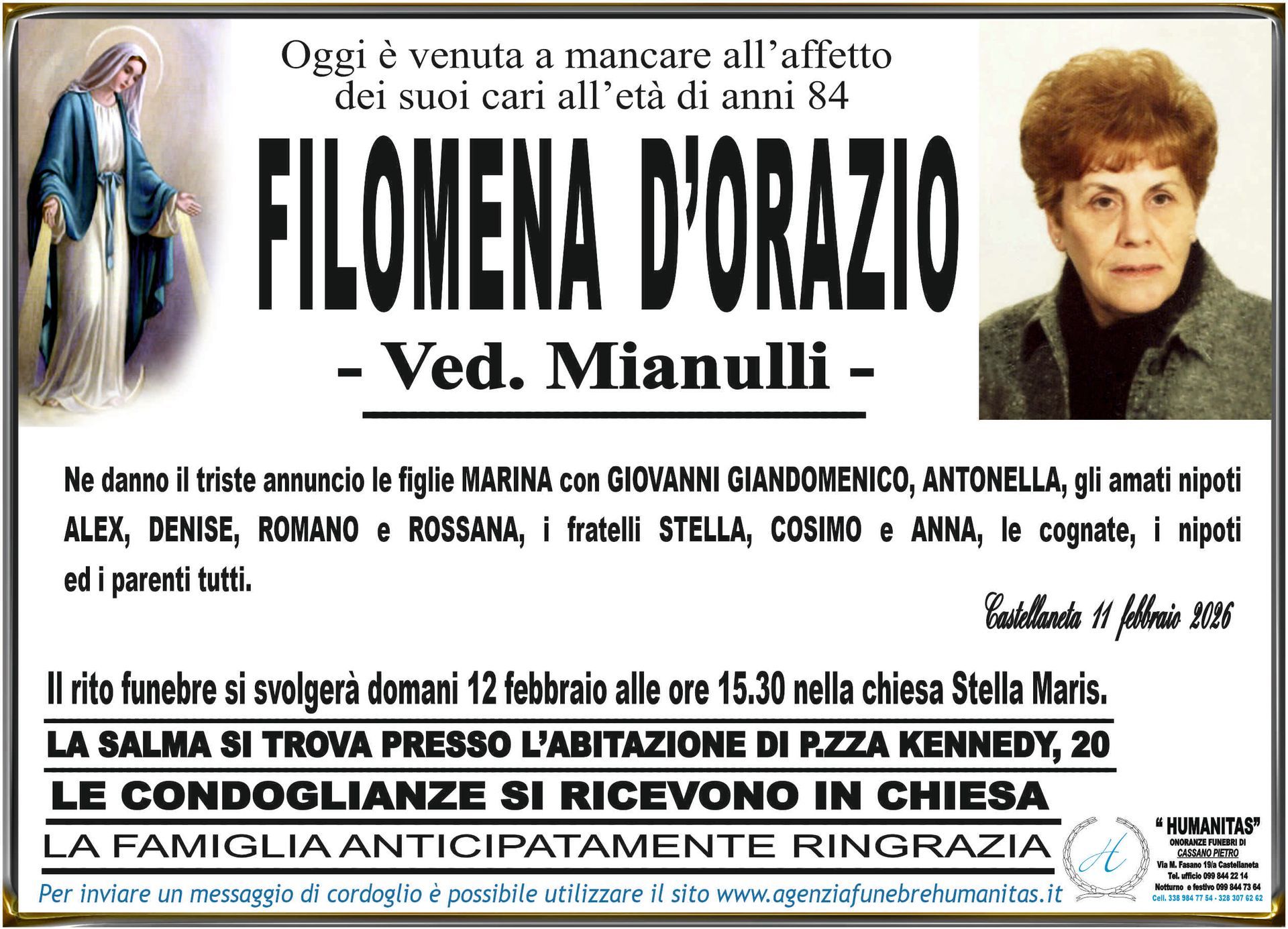 necrologio Filomena D'Orazio