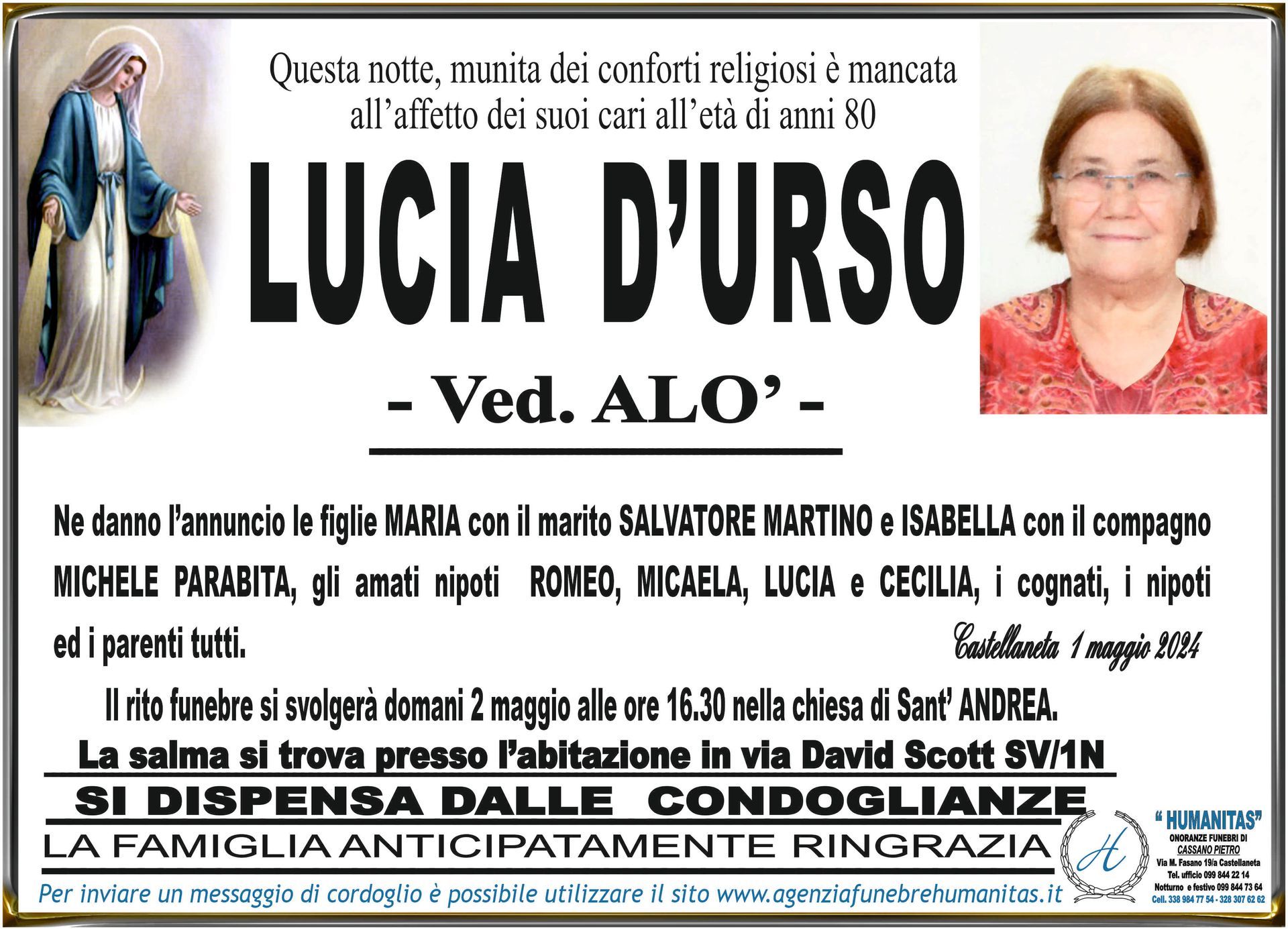 necrologio Lucia D'Urso