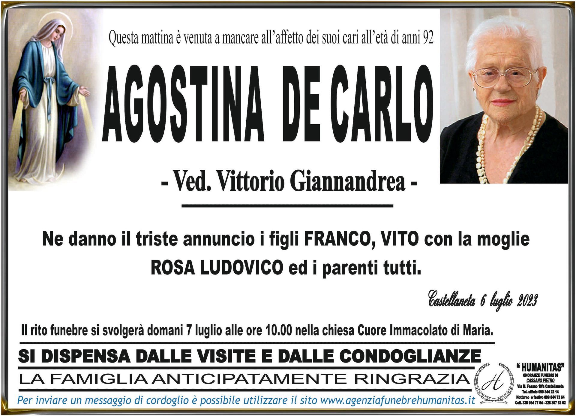 necrologio Agostina De Carlo