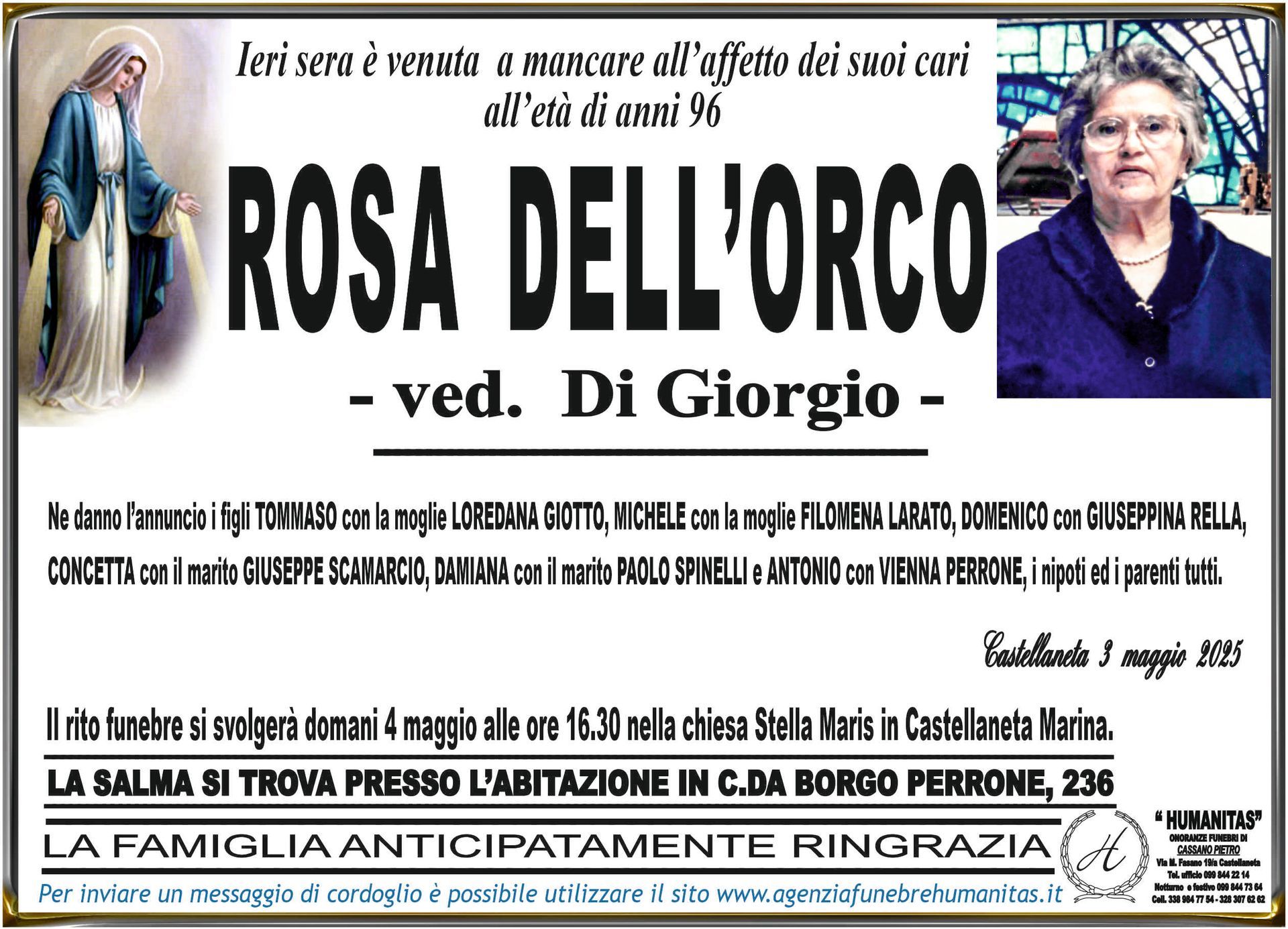 necrologio Rosa Dell'Orco