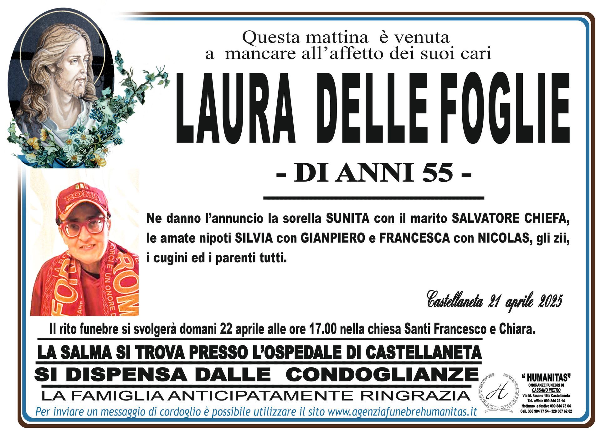 necrologio Laura Delle Foglie