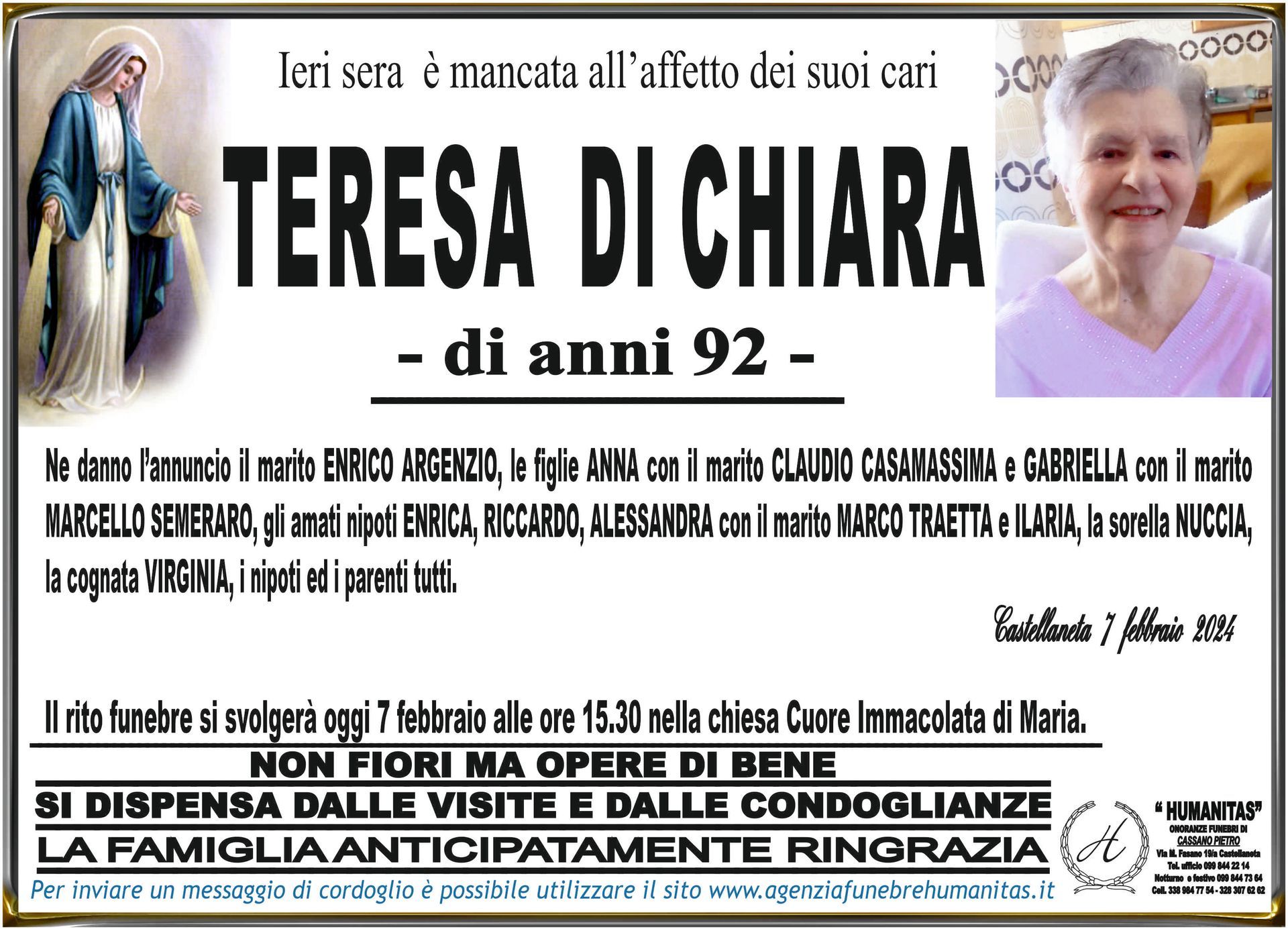 necrologio Teresa Di Chiara
