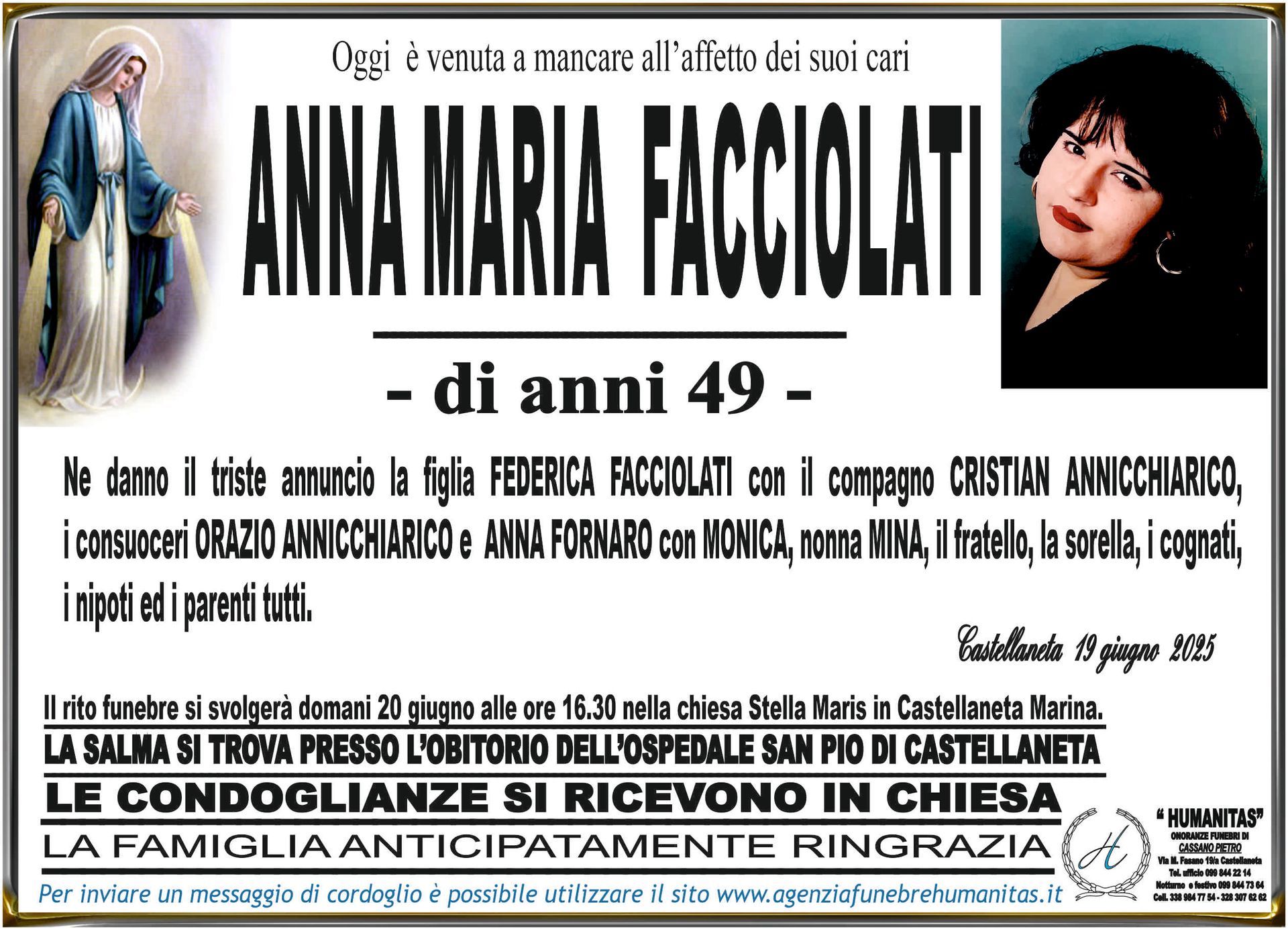 necrologio Anna Maria Facciolati