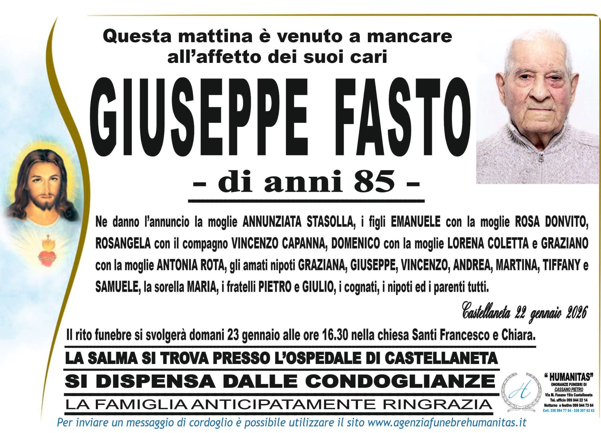 necrologio Giuseppe Fasto
