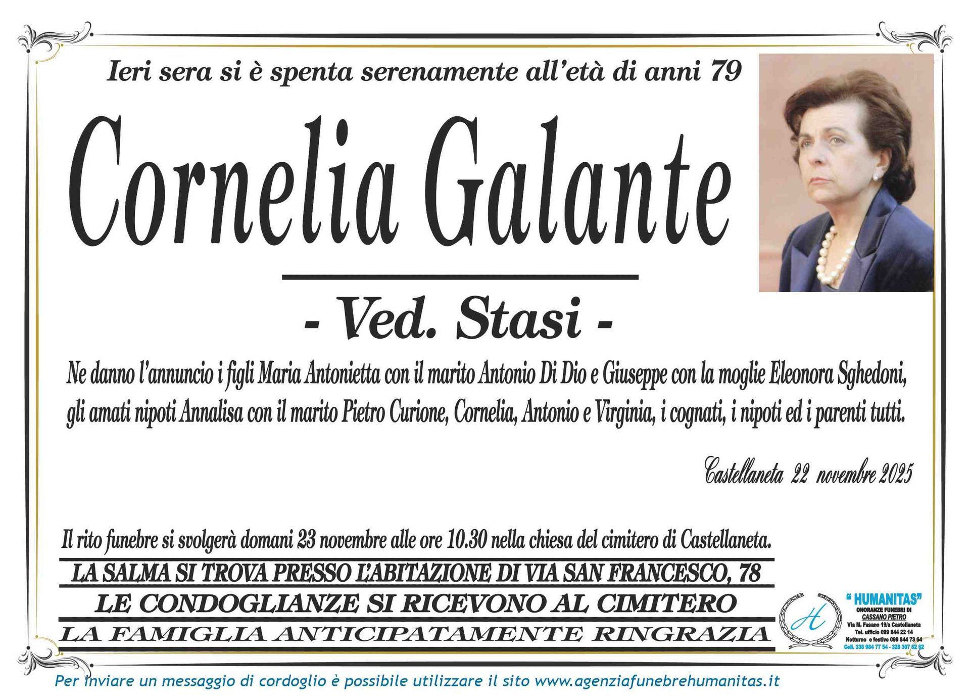 necrologio Cornelia Galante