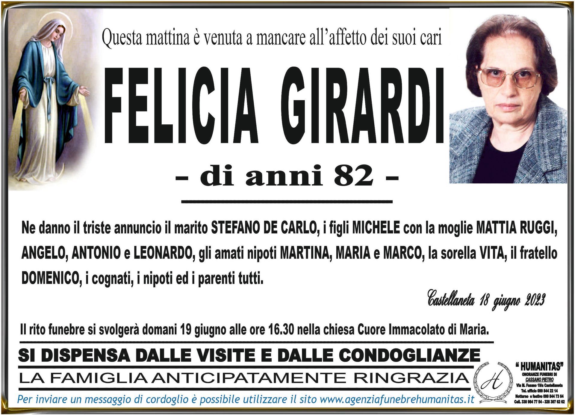 necrologio Felicia Girardi