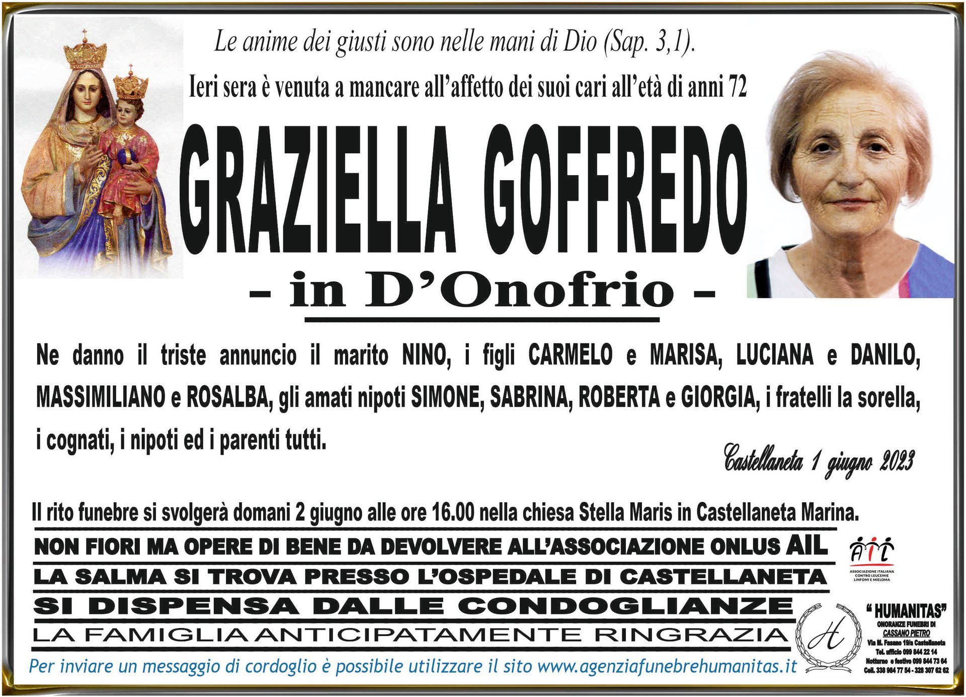 necrologio Graziella Goffredo