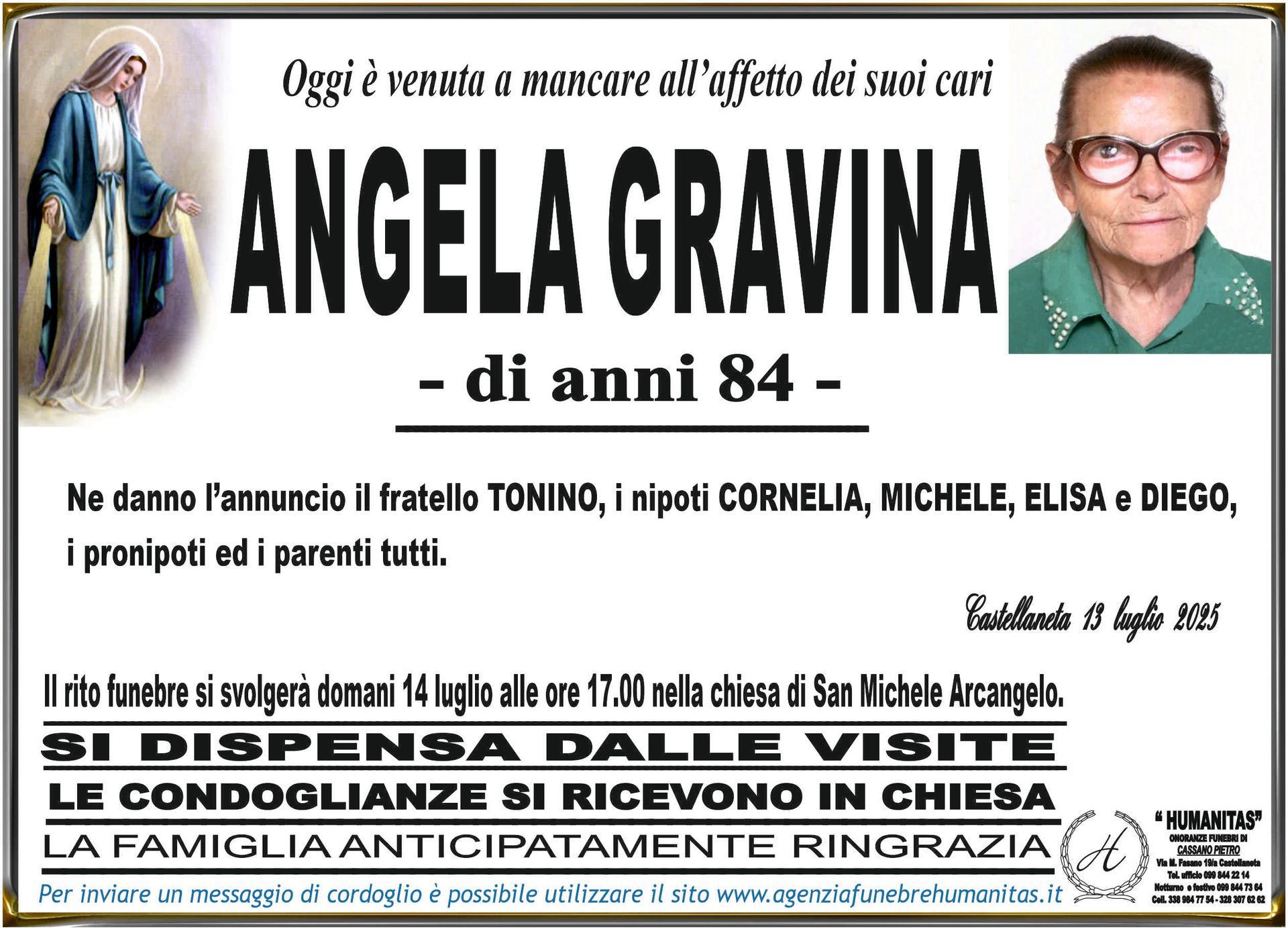 necrologio Angela Gravina