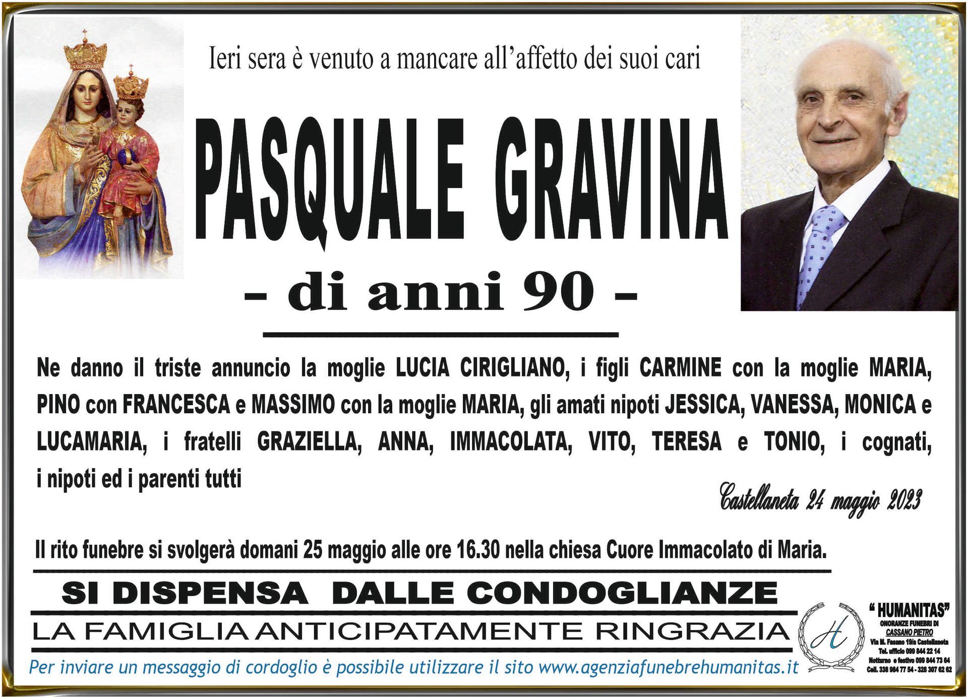 necrologio Pasquale Gravina