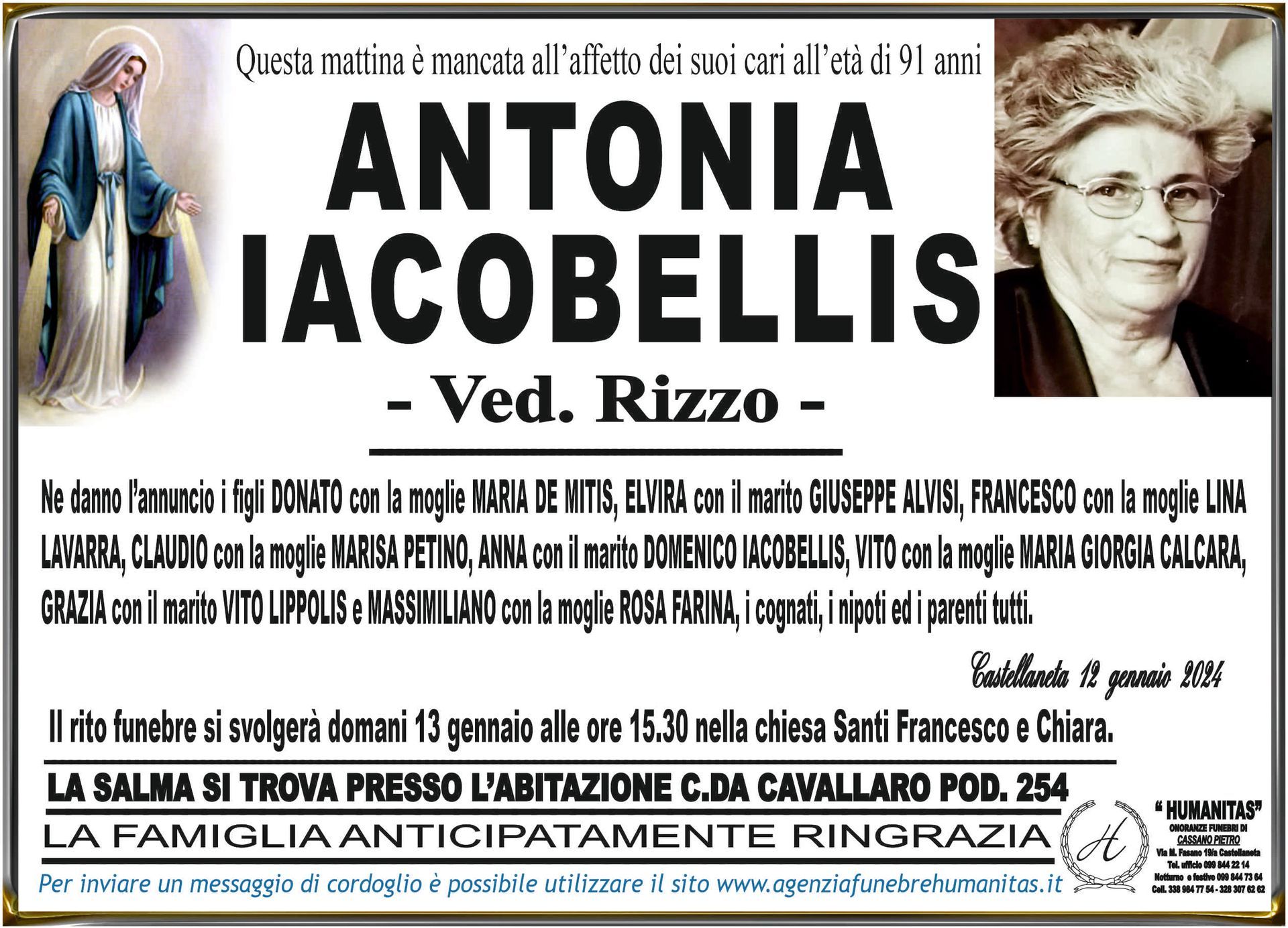 necrologio Antonia Iacobellis