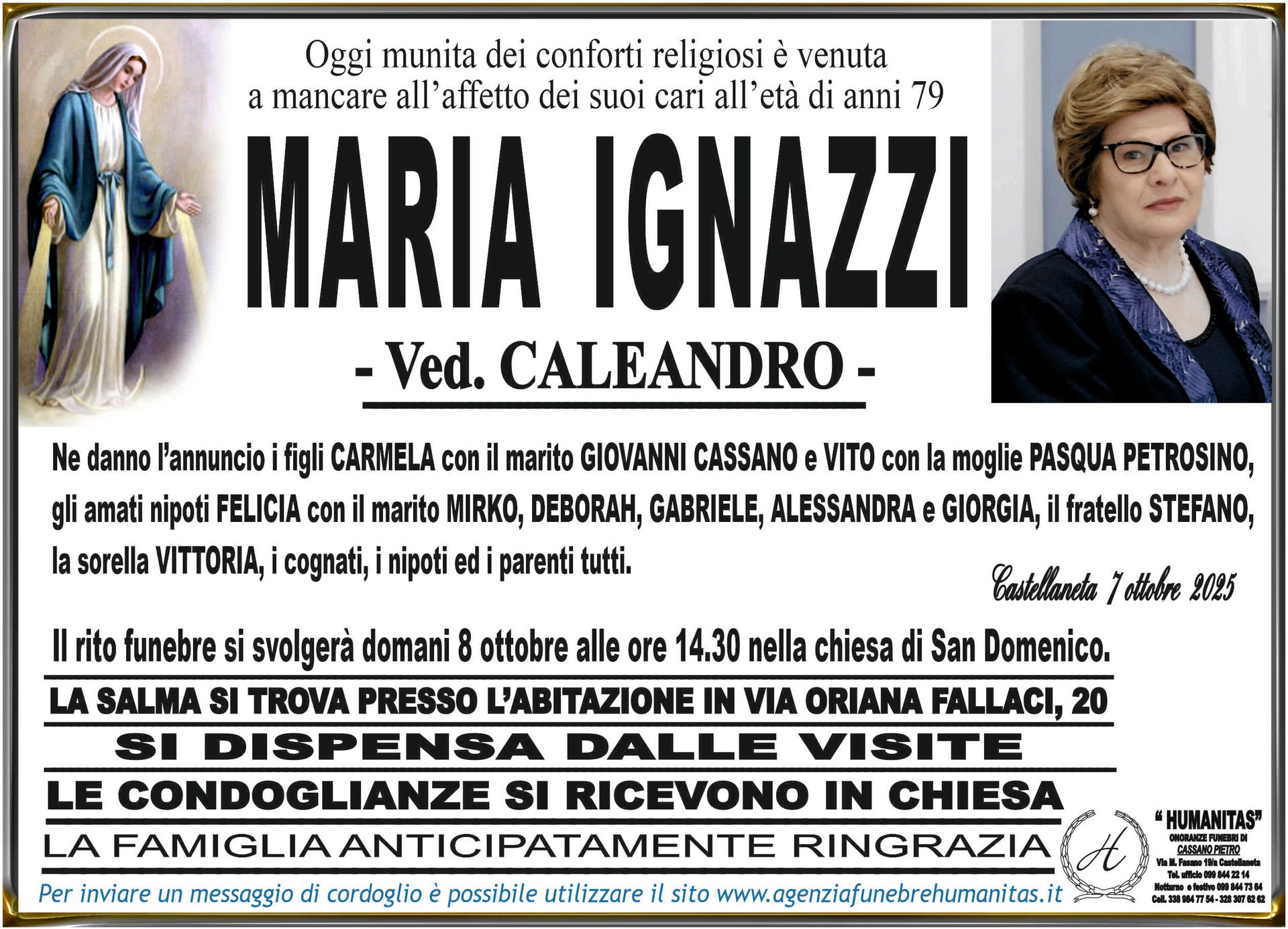 necrologio Maria Ignazzi