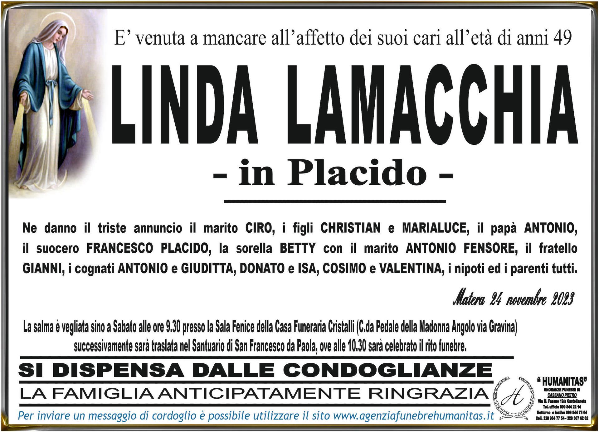 necrologio Linda Lamacchia