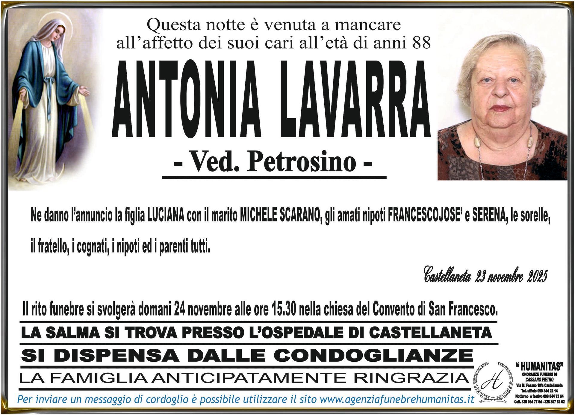 necrologio Antonia Lavarra