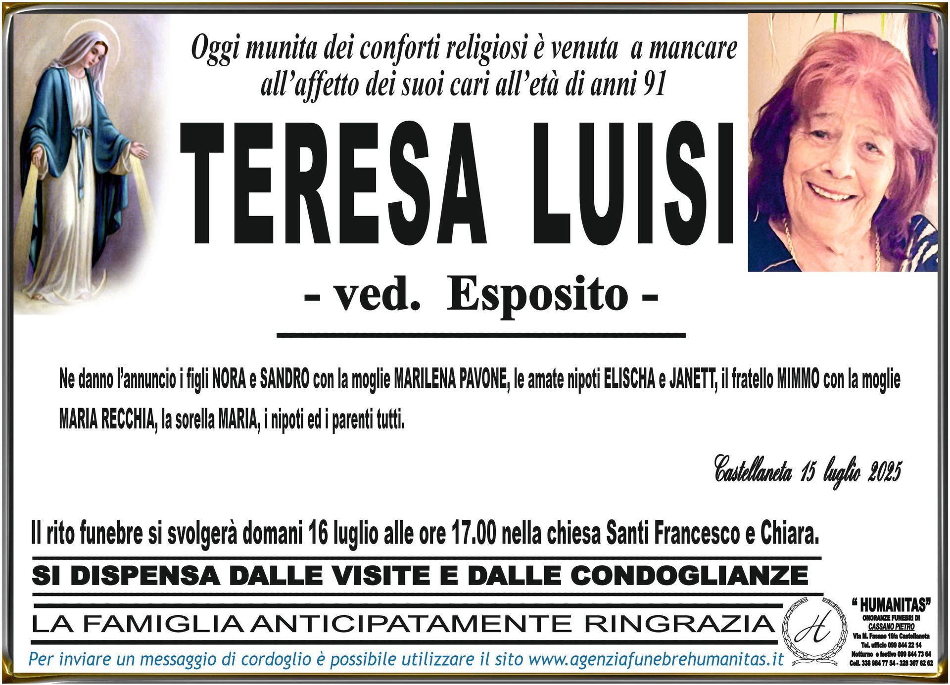 necrologio Teresa Luisi