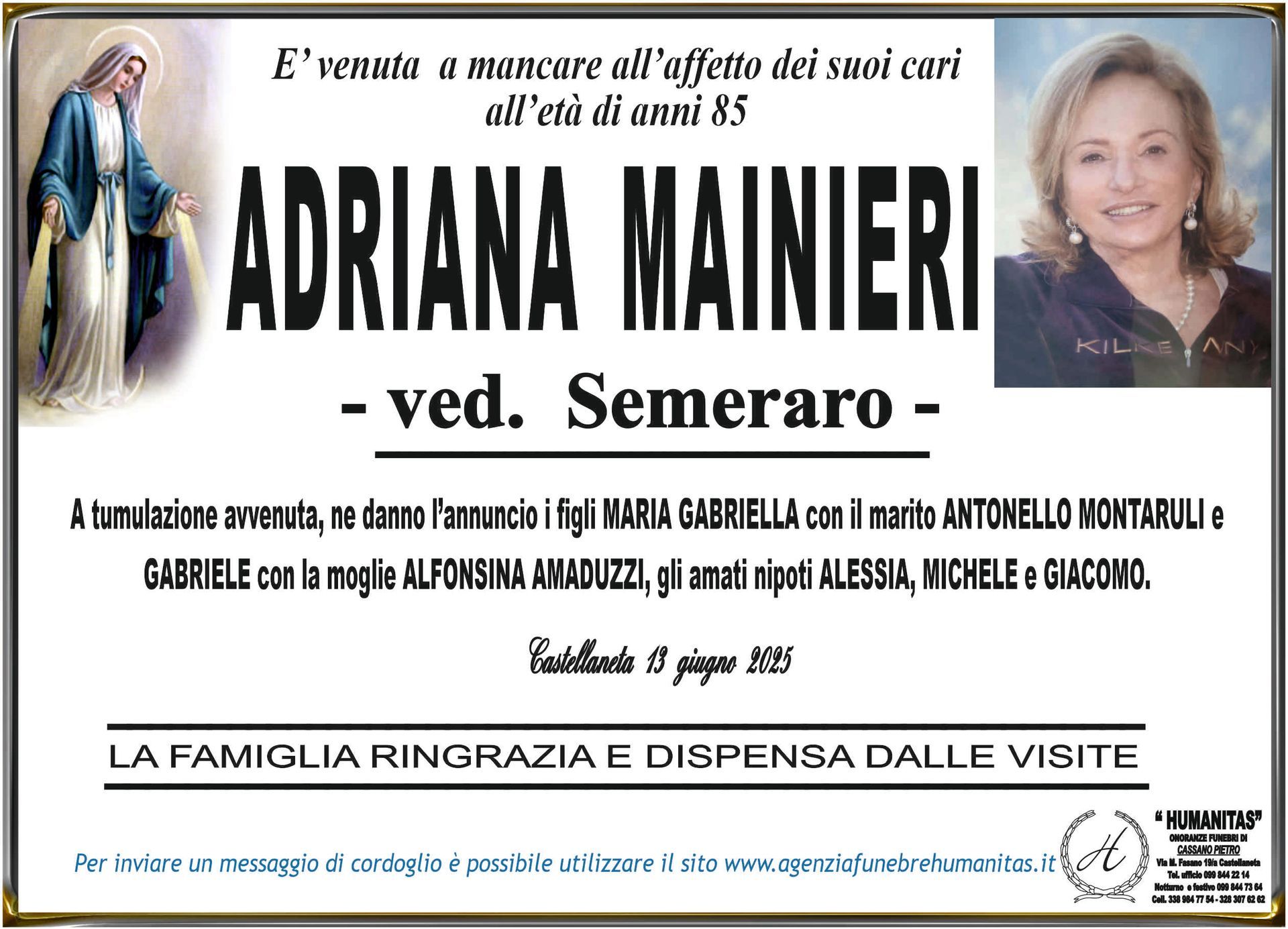 necrologio Adriana Mainieri