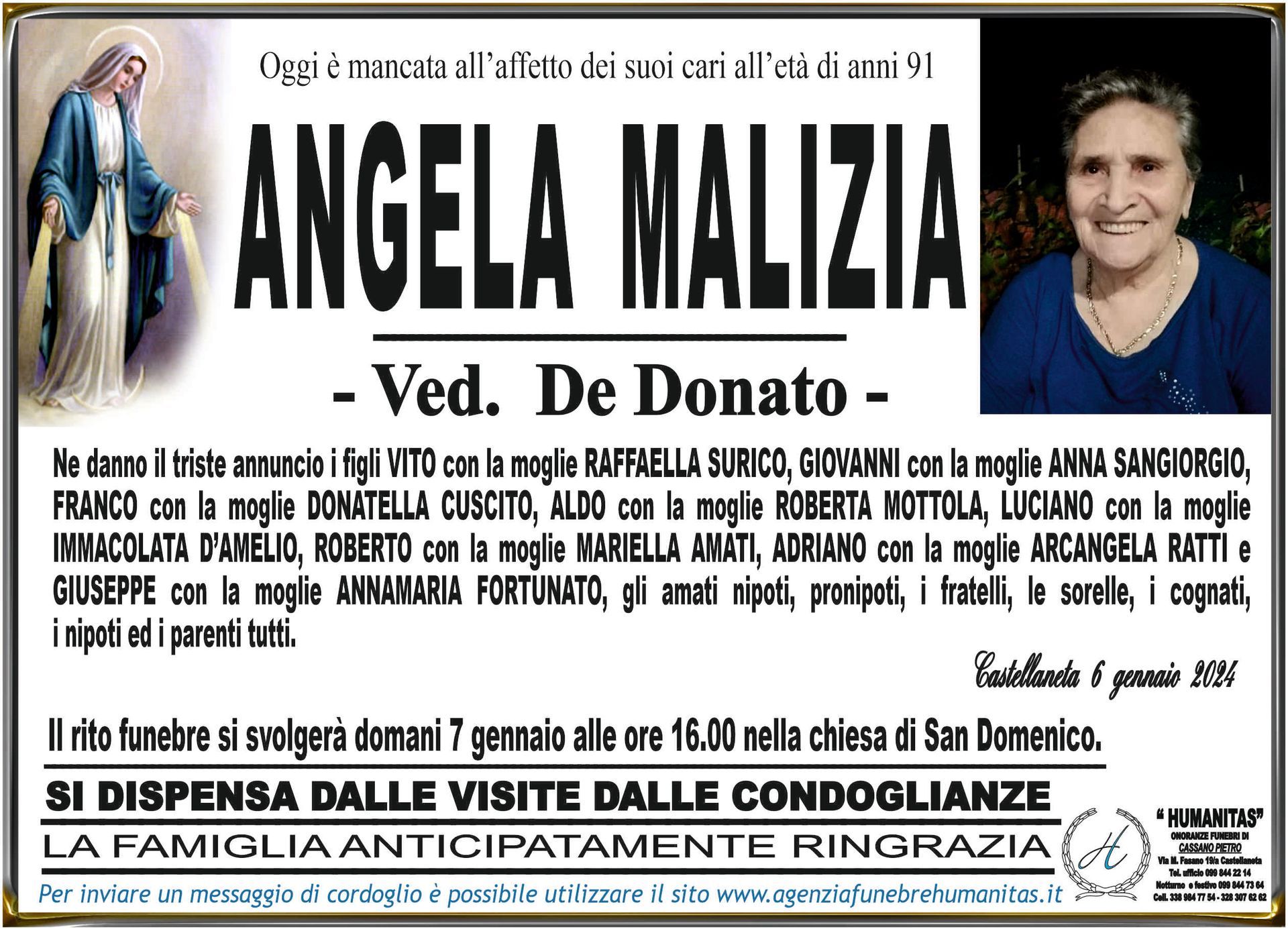 necrologio Angela Malizia