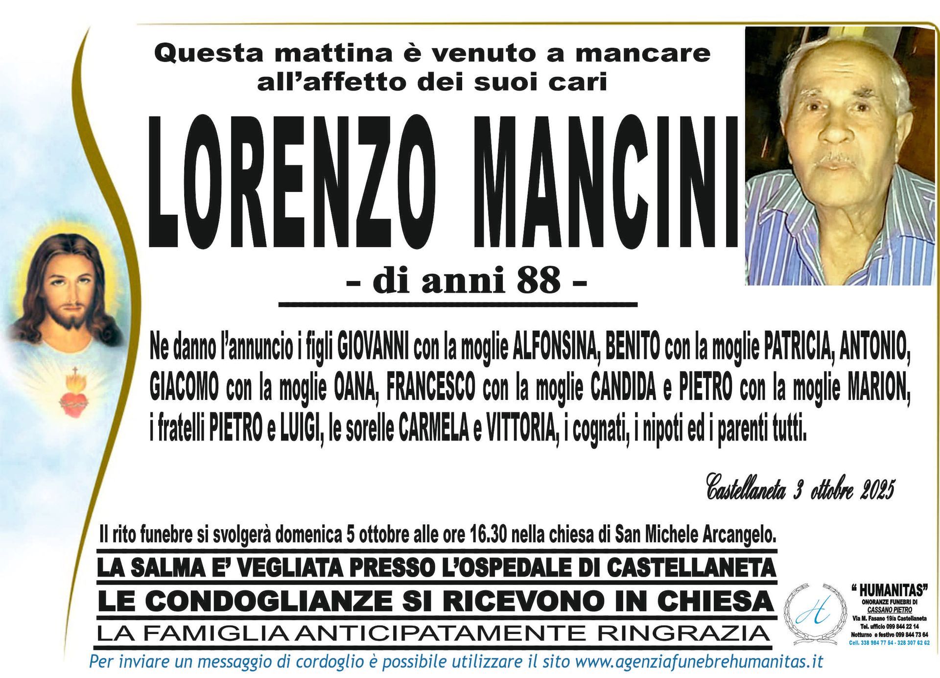 necrologio Lorenzo Mancini