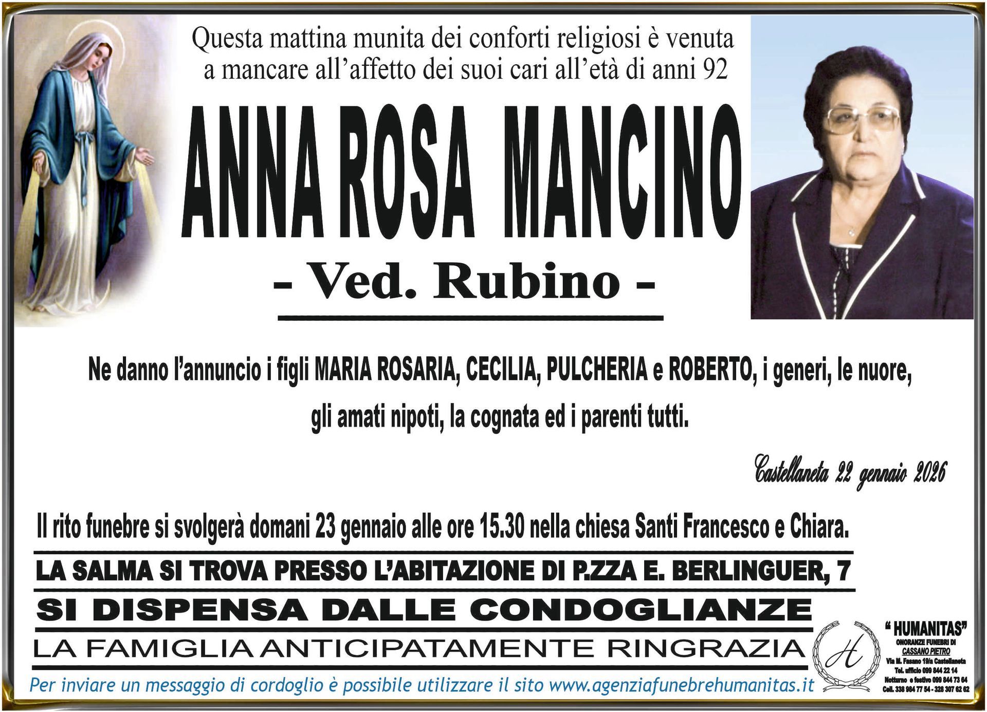necrologio Anna Rosa Mancino