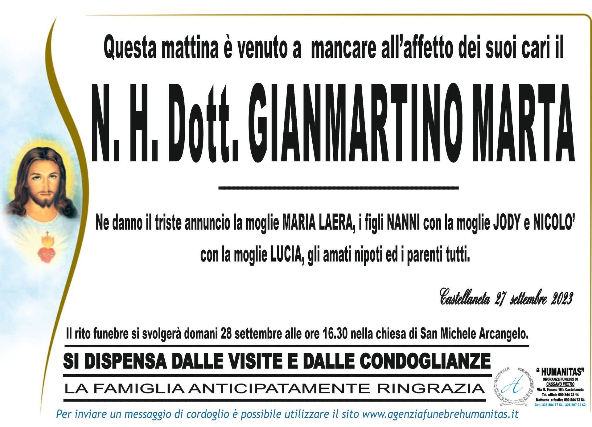 necrologio N. H. Dott. Gianmartino Marta
