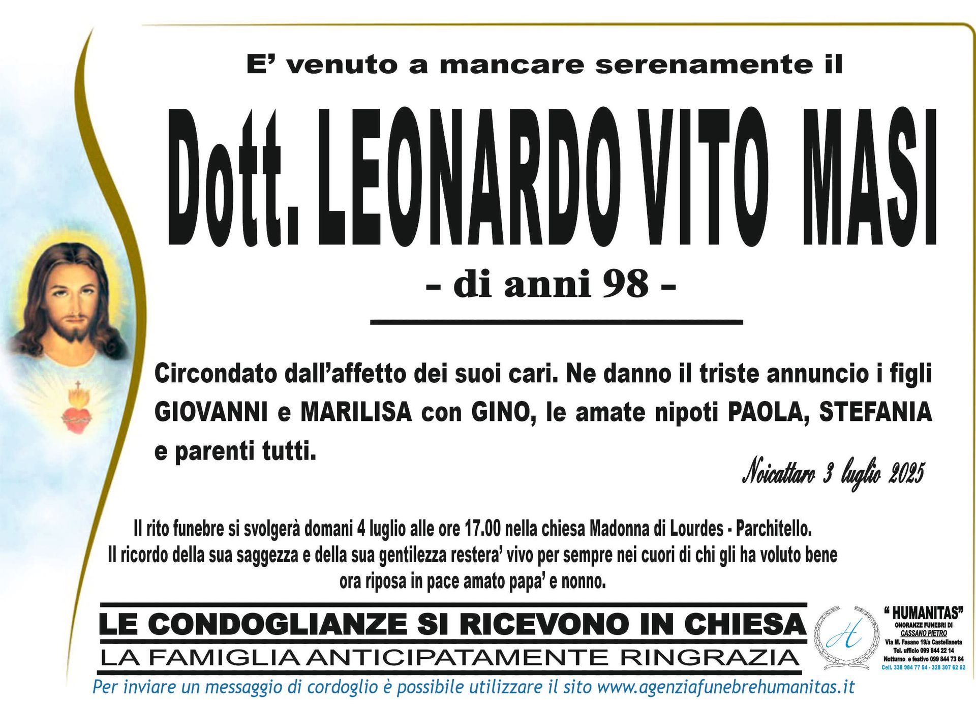 necrologio Dott. Leonardo Vito Masi