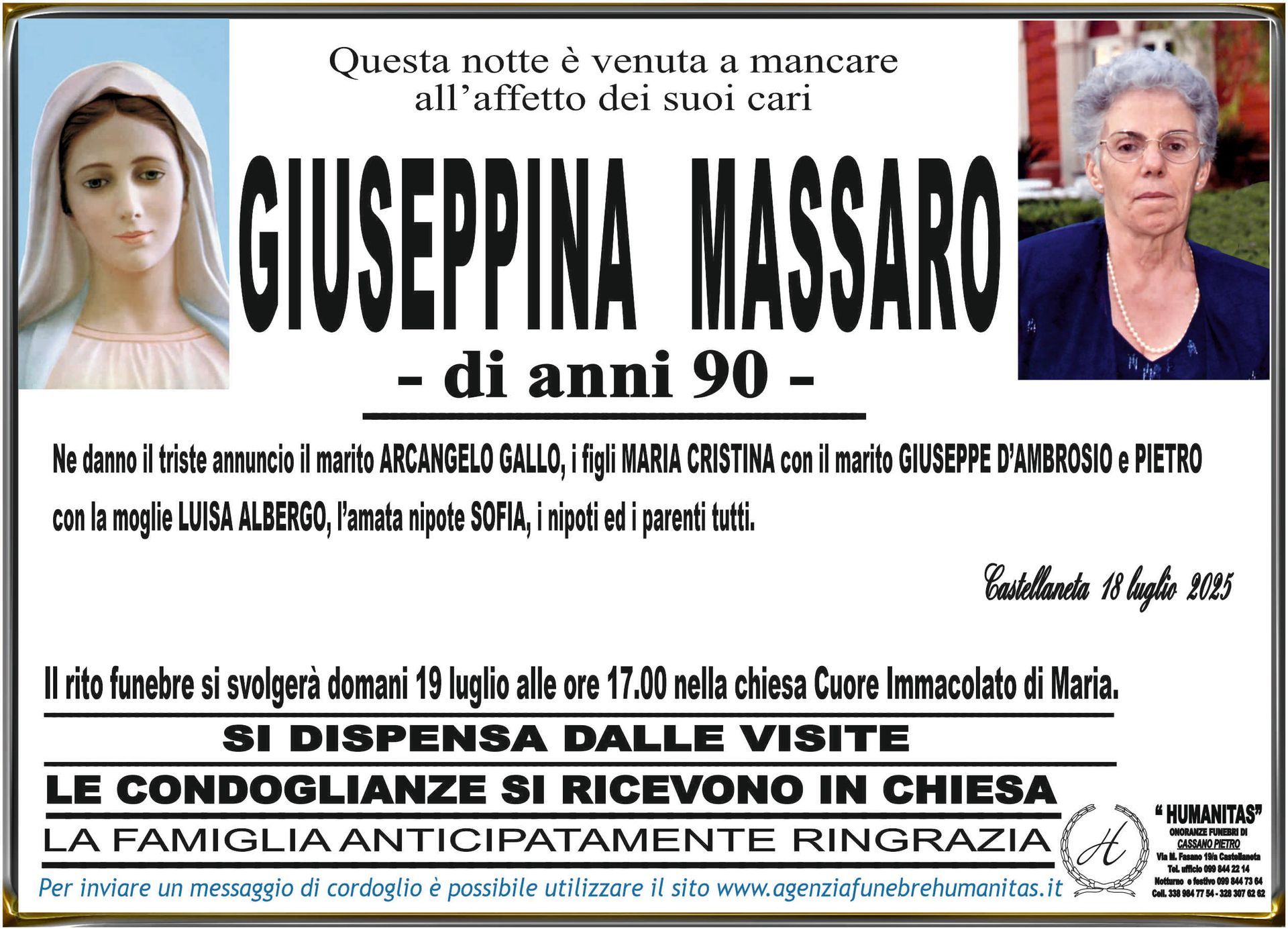 necrologio Giuseppina Massaro