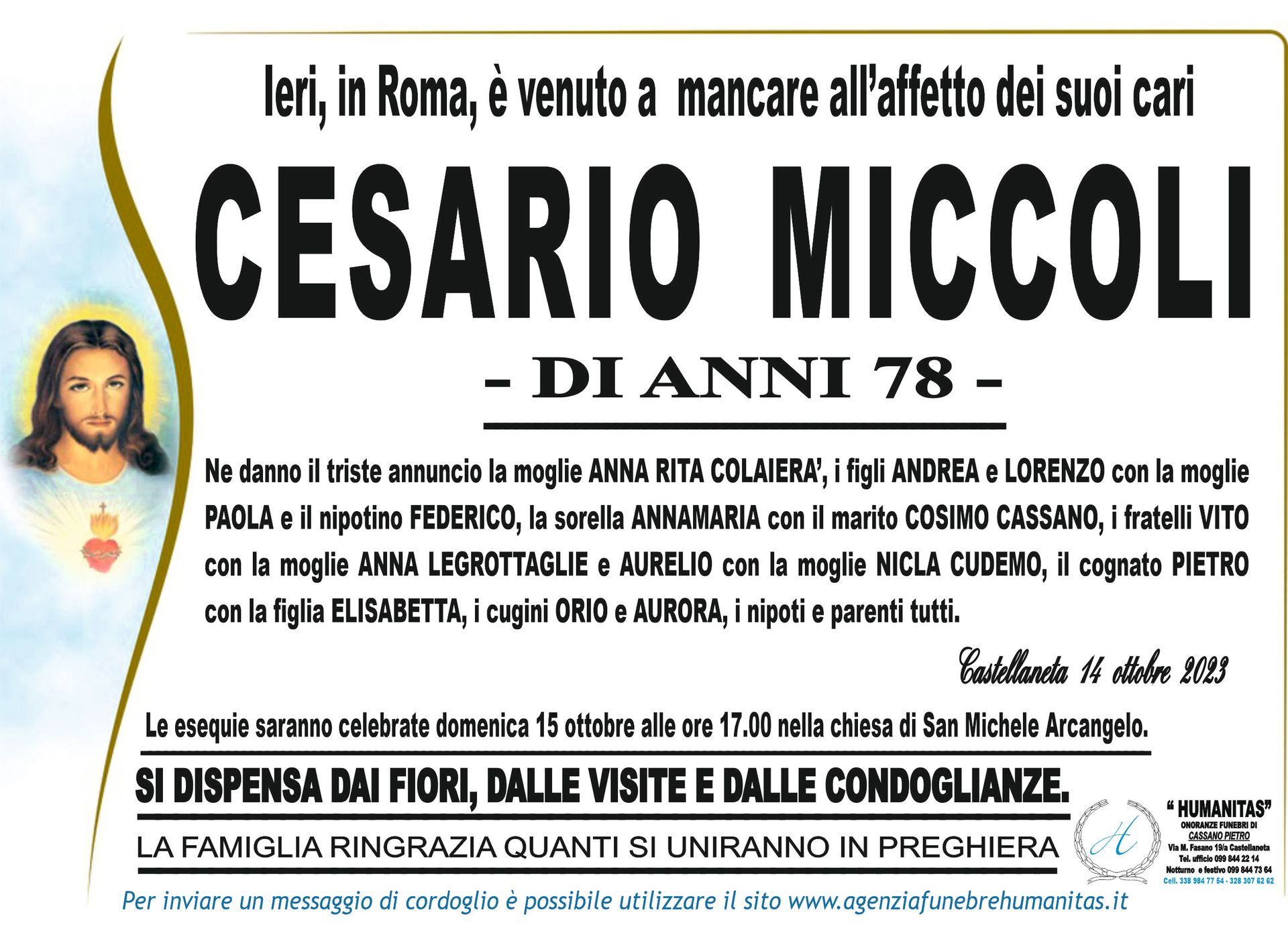 necrologio Cesario Miccoli