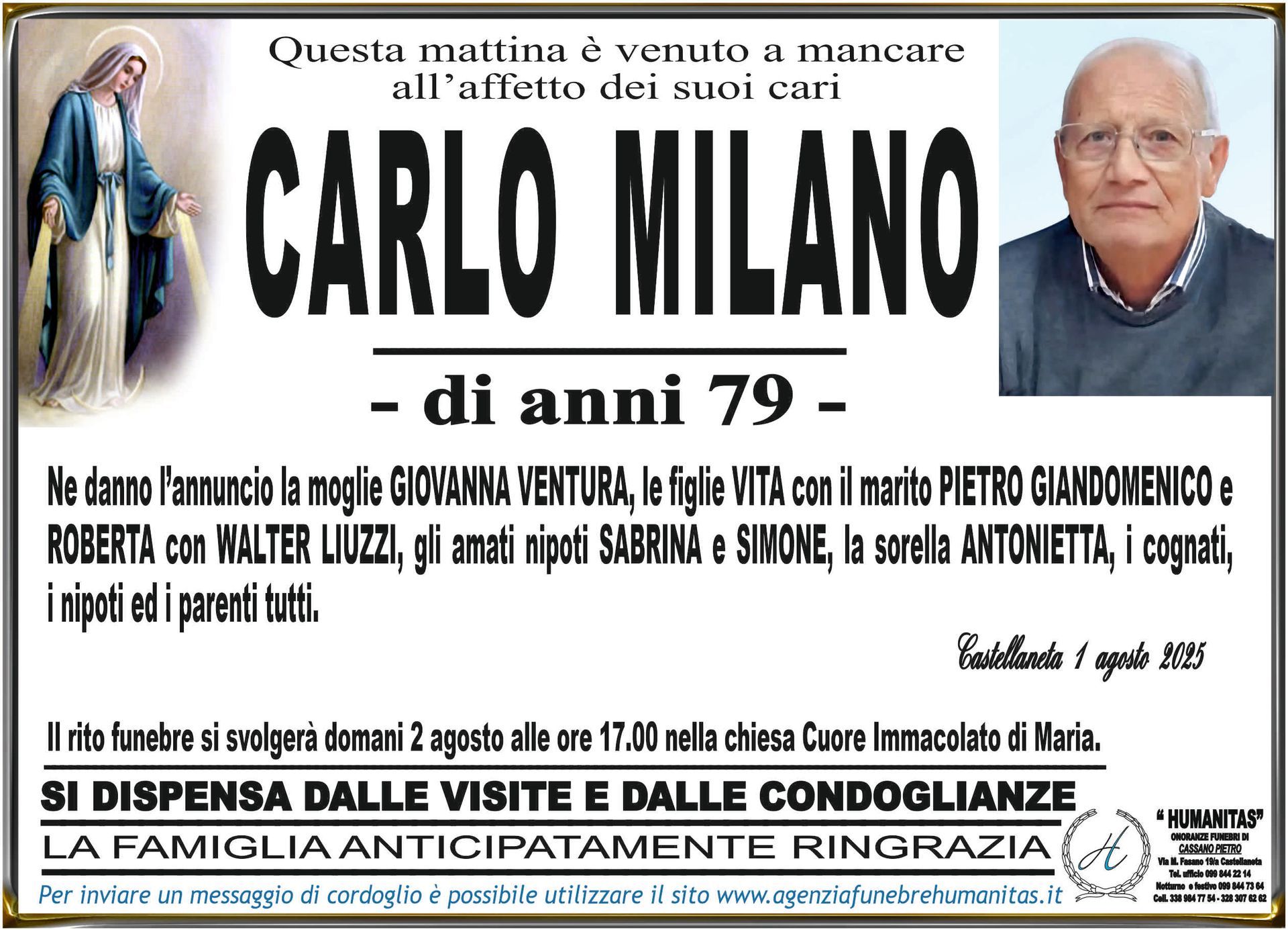 necrologio Carlo Milano